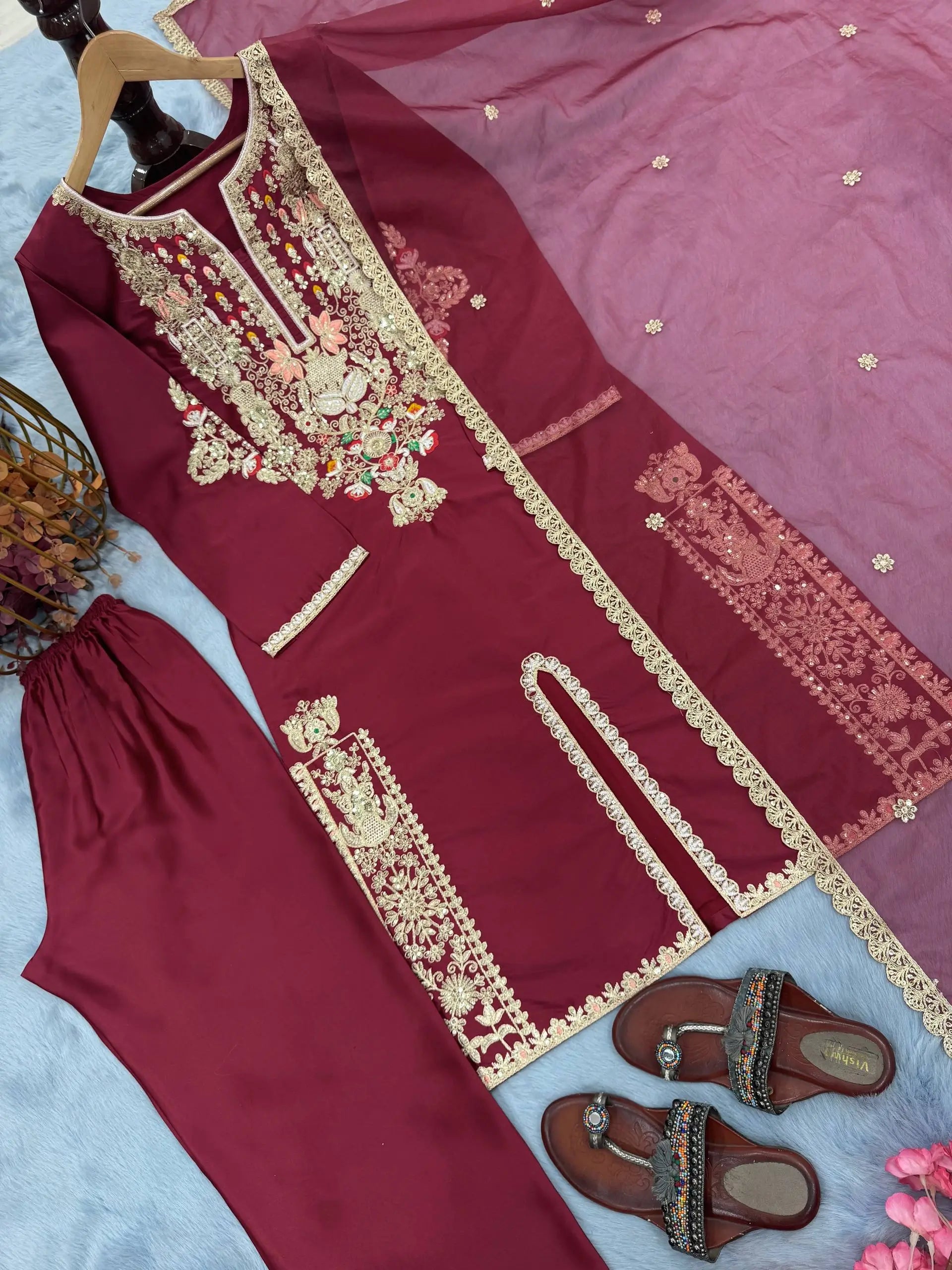 Pure Satin Silk Embroidered Plazzo Suit with Organza Dupatta – Sequins & Dori Work