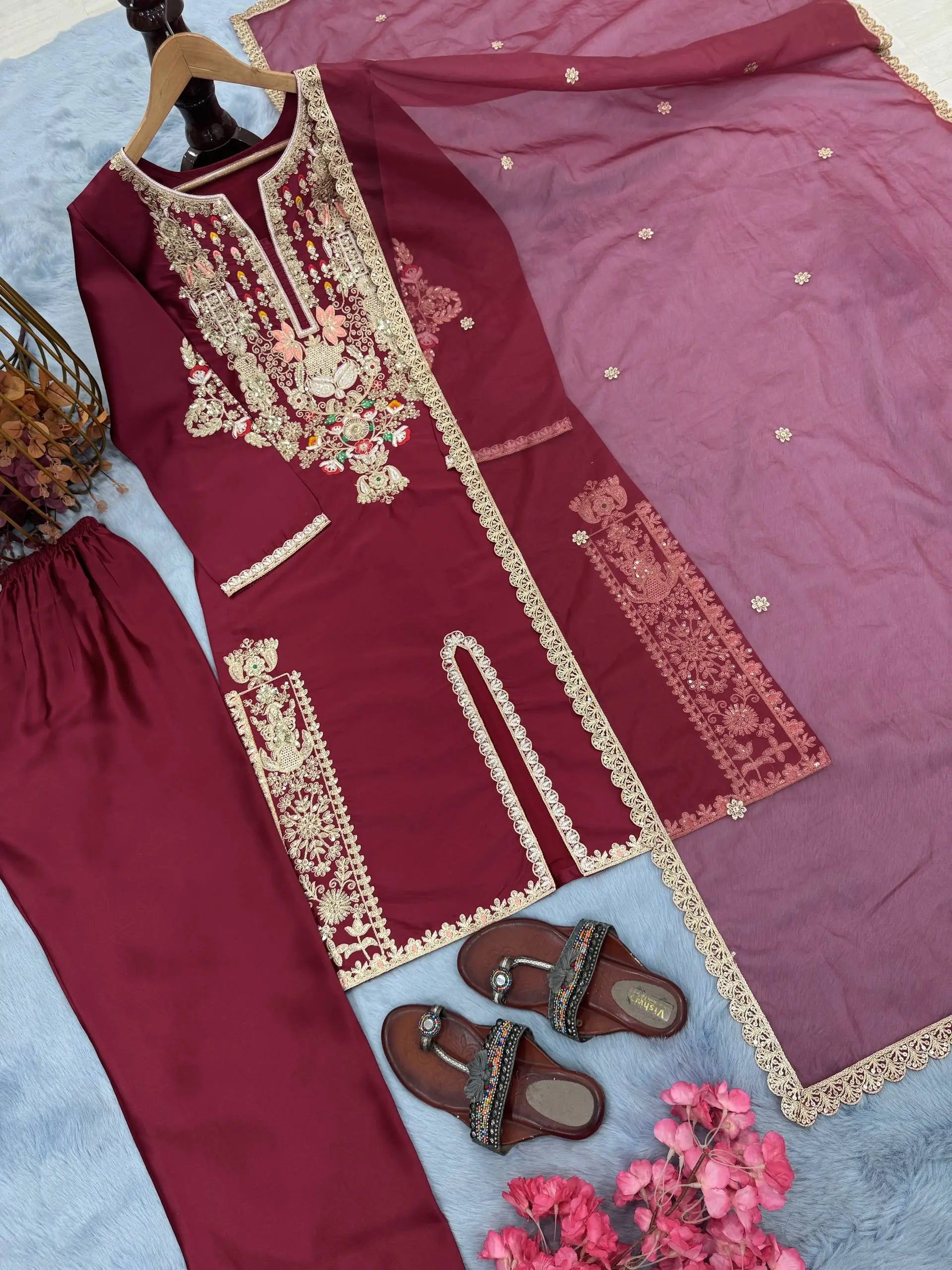 Pure Satin Silk Embroidered Plazzo Suit with Organza Dupatta – Sequins & Dori Work