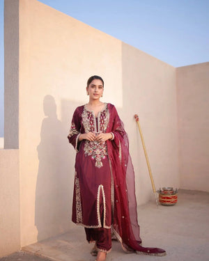 Pure Satin Silk Embroidered Plazzo Suit with Organza Dupatta – Sequins & Dori Work