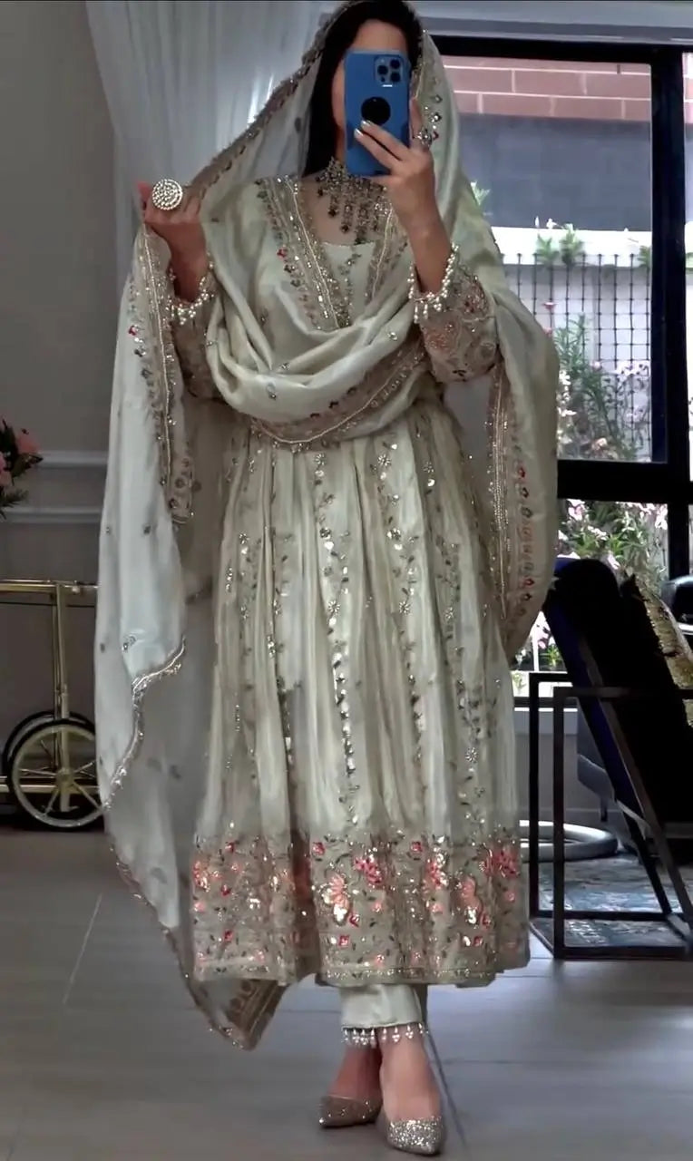Pure Sheesha Silk Embroidered Gown Set with Dupatta and Bottom for Wedding Festive Occasion Wear