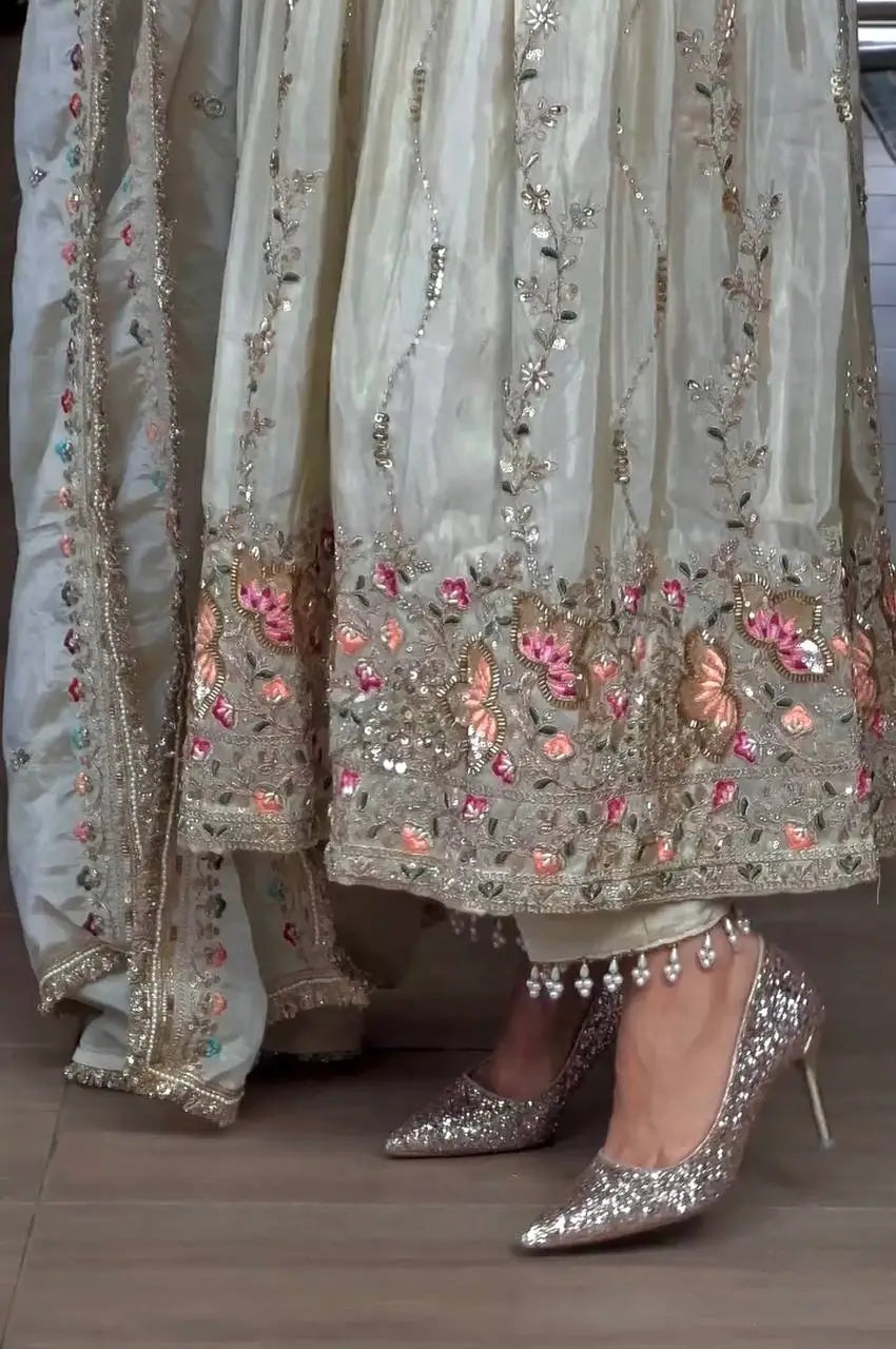 Pure Sheesha Silk Embroidered Gown Set with Dupatta and Bottom for Wedding Festive Occasion Wear