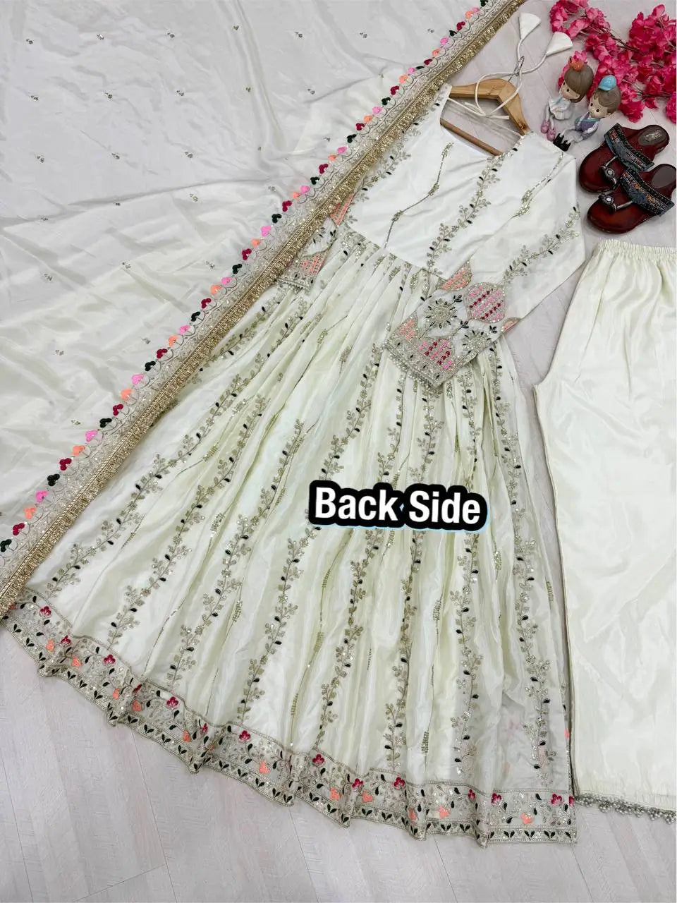 Pure Sheesha Silk Embroidered Gown Set with Dupatta and Bottom for Wedding Festive Occasion Wear