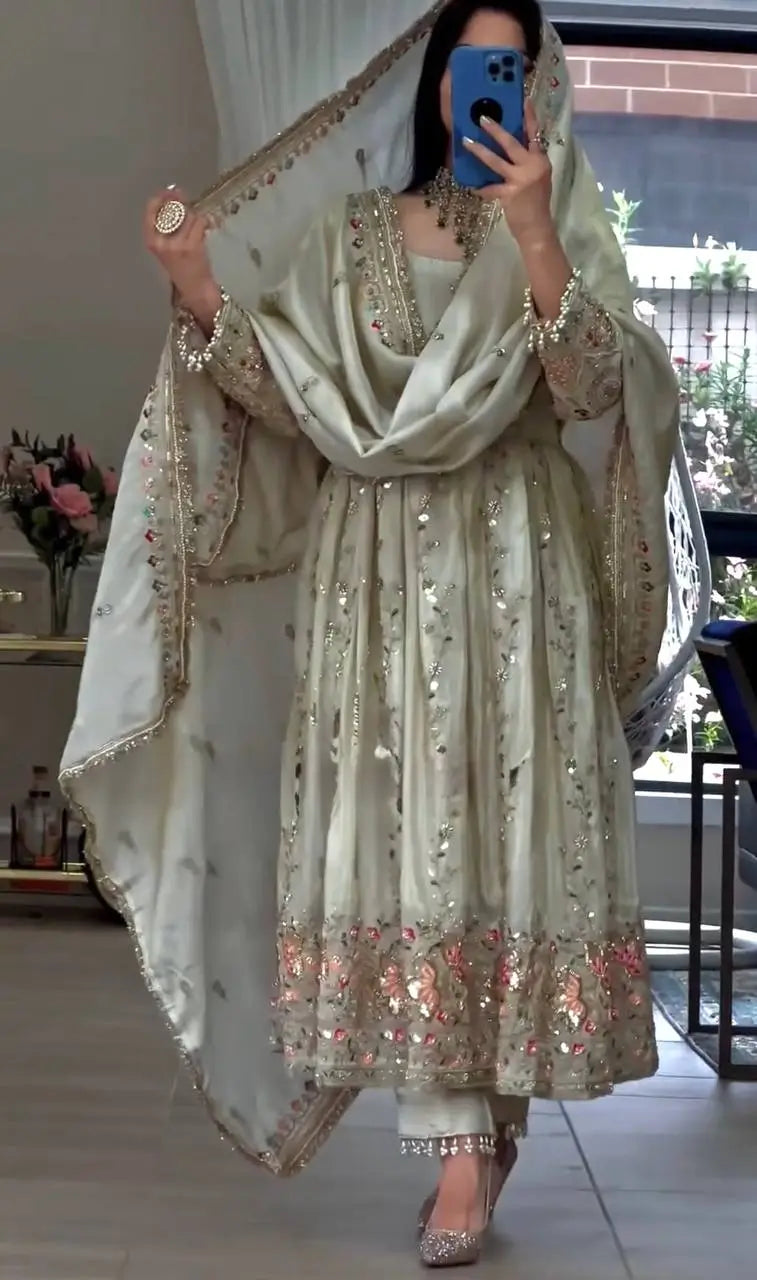 Pure Sheesha Silk Embroidered Gown Set with Dupatta and Bottom for Wedding Festive Occasion Wear
