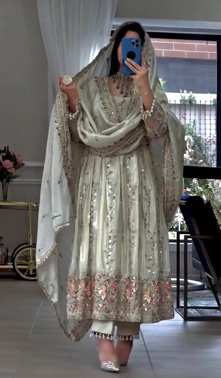 Pure Sheesha Silk Embroidered Gown Set with Dupatta and Bottom for Wedding Festive Occasion Wear