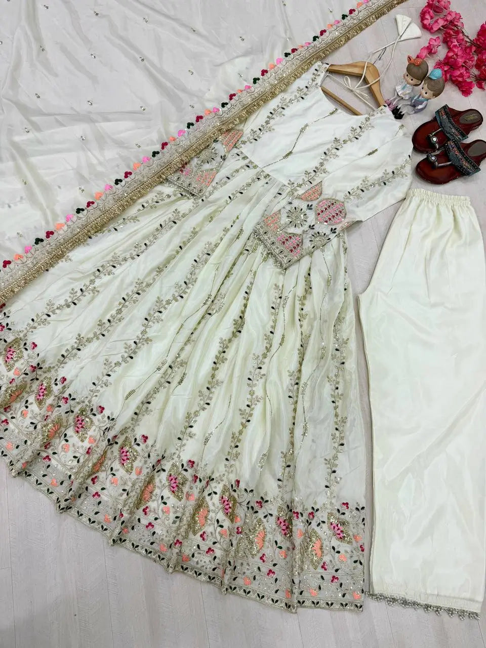 Pure Sheesha Silk Embroidered Gown Set with Dupatta and Bottom for Wedding Festive Occasion Wear