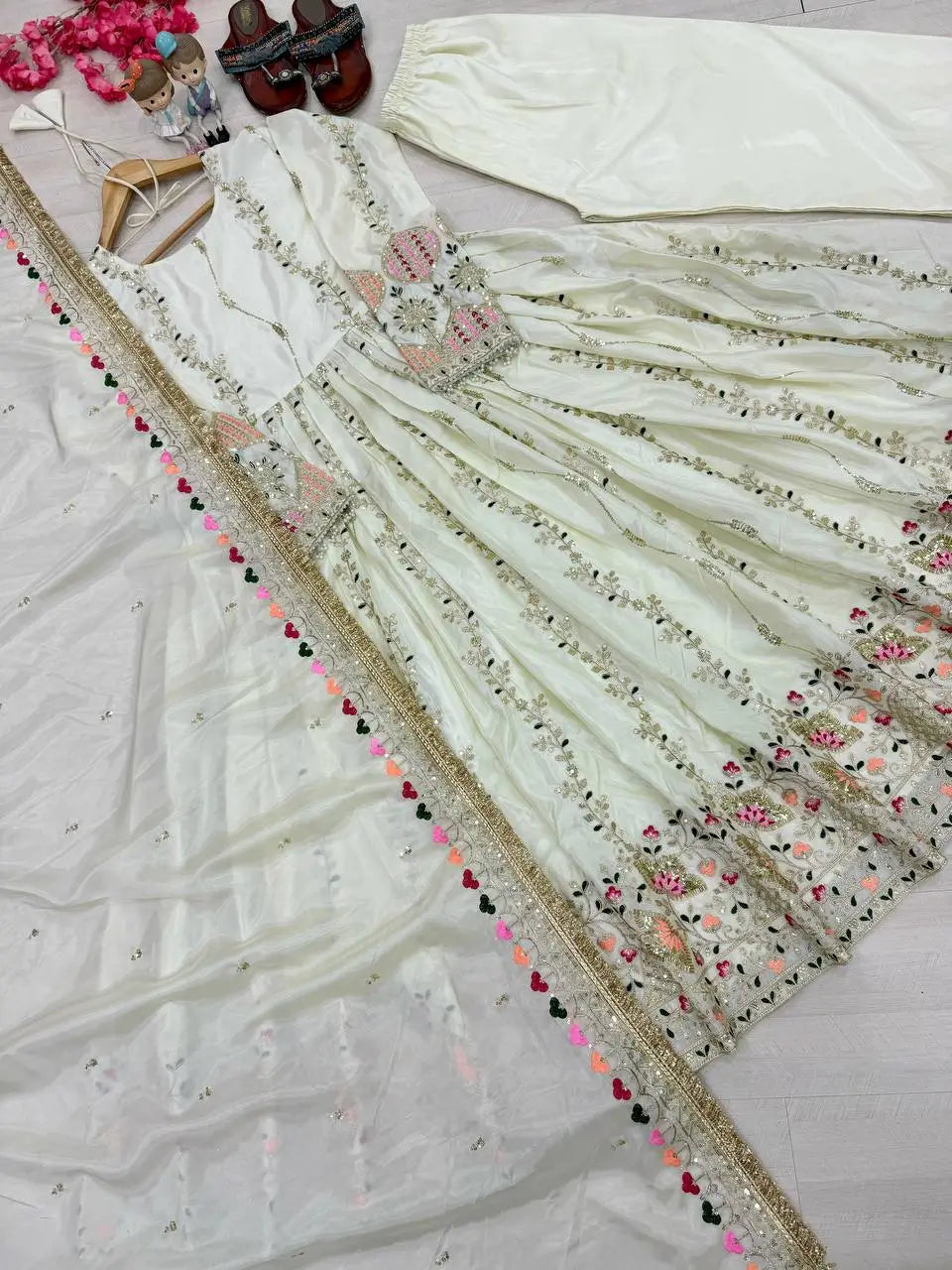 Pure Sheesha Silk Embroidered Gown Set with Dupatta and Bottom for Wedding Festive Occasion Wear