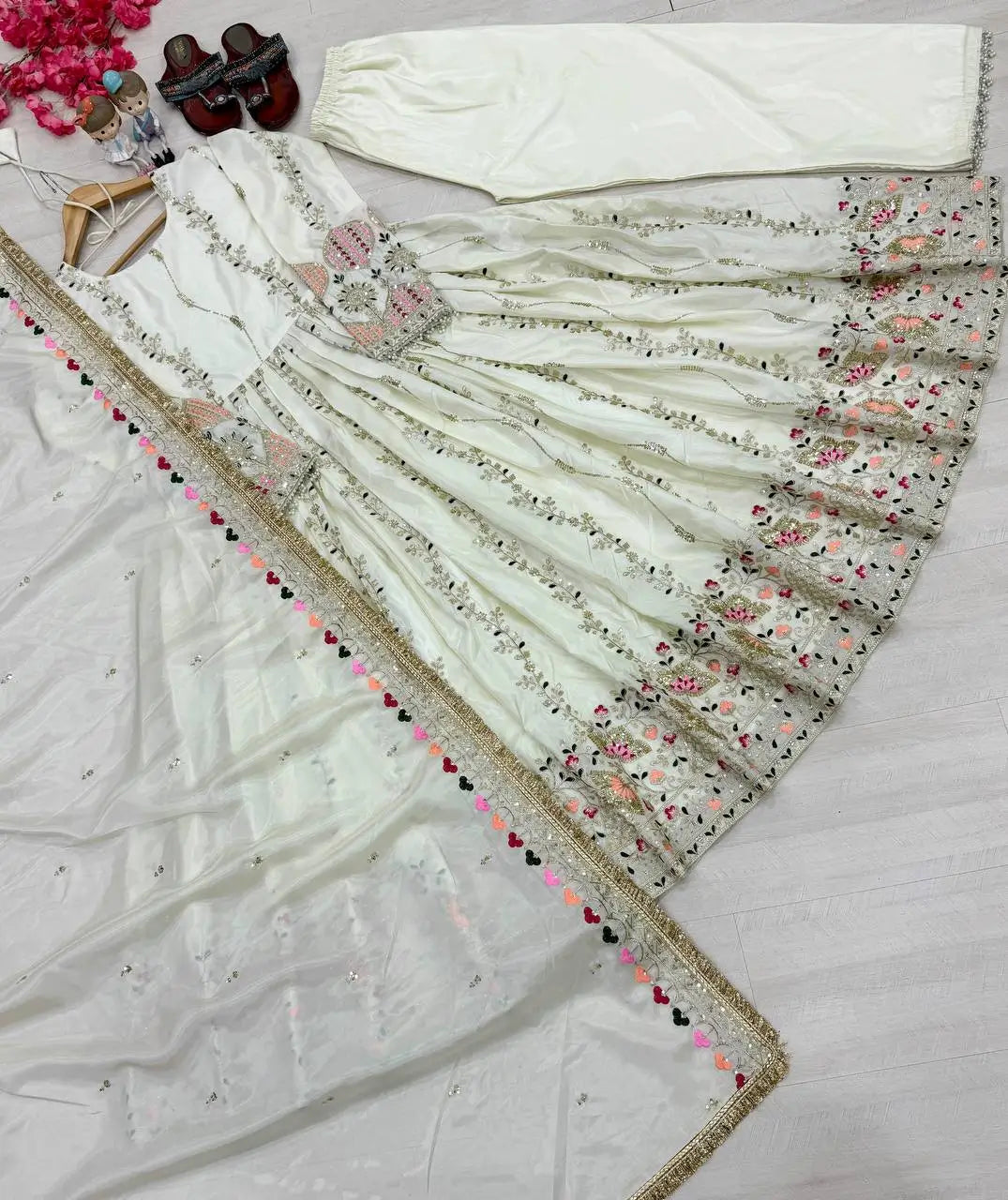 Pure Sheesha Silk Embroidered Gown Set with Dupatta and Bottom for Wedding Festive Occasion Wear