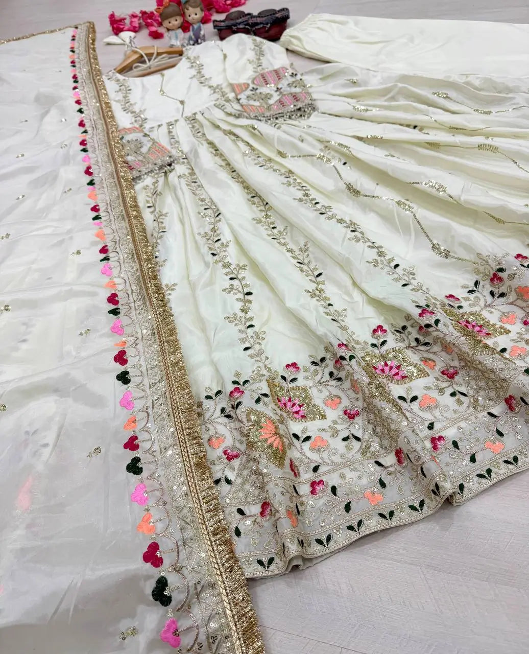 Pure Sheesha Silk Embroidered Gown Set with Dupatta and Bottom for Wedding Festive Occasion Wear