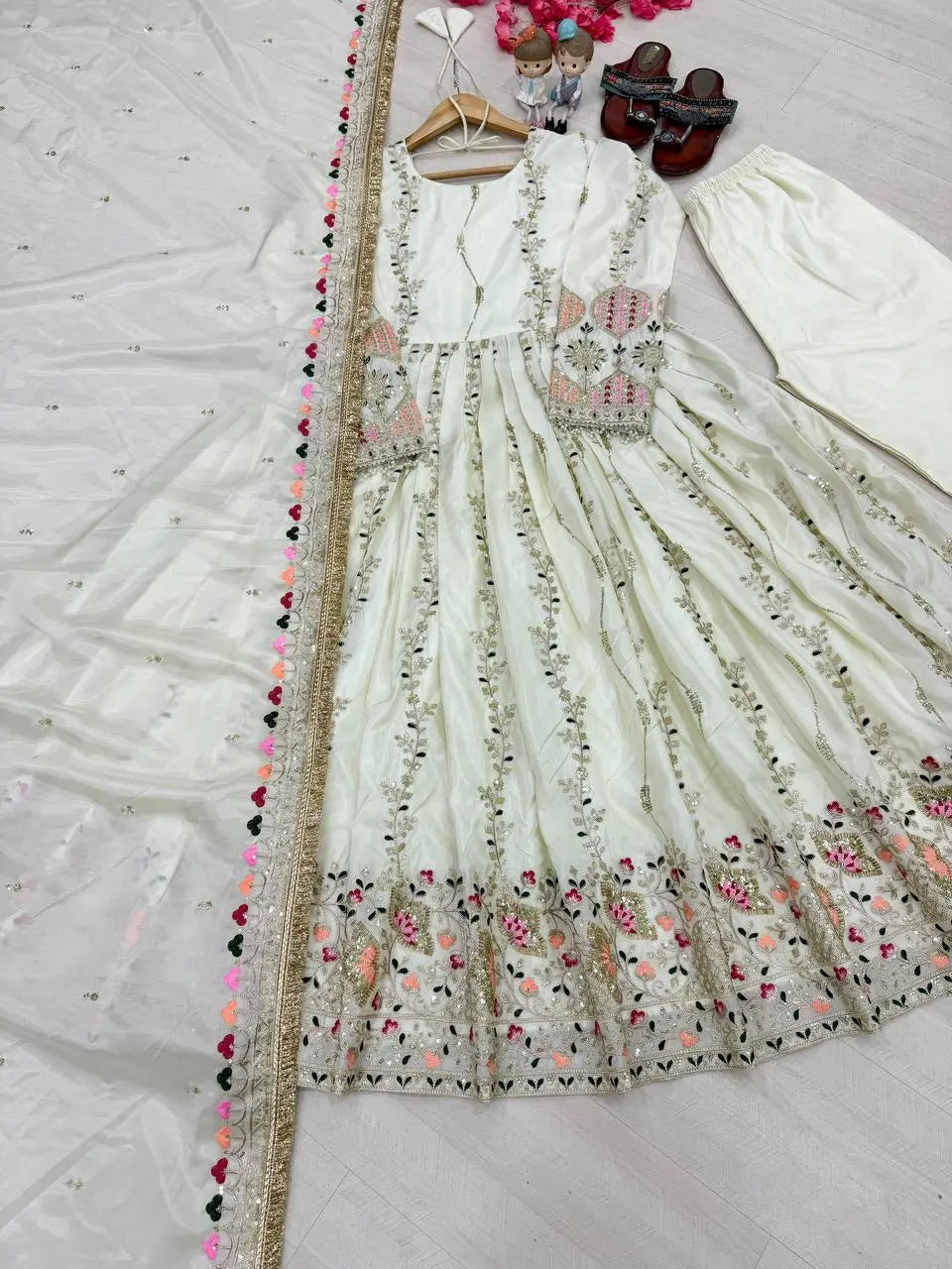 Pure Sheesha Silk Embroidered Gown Set with Dupatta and Bottom for Wedding Festive Occasion Wear