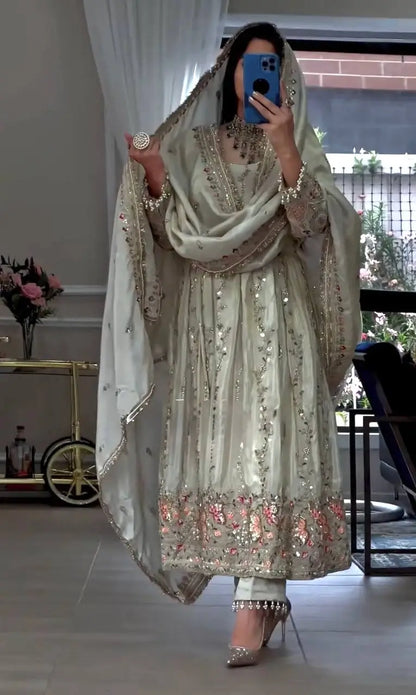 Pure Sheesha Silk Embroidered Gown Set with Dupatta and Bottom for Wedding Festive Occasion Wear