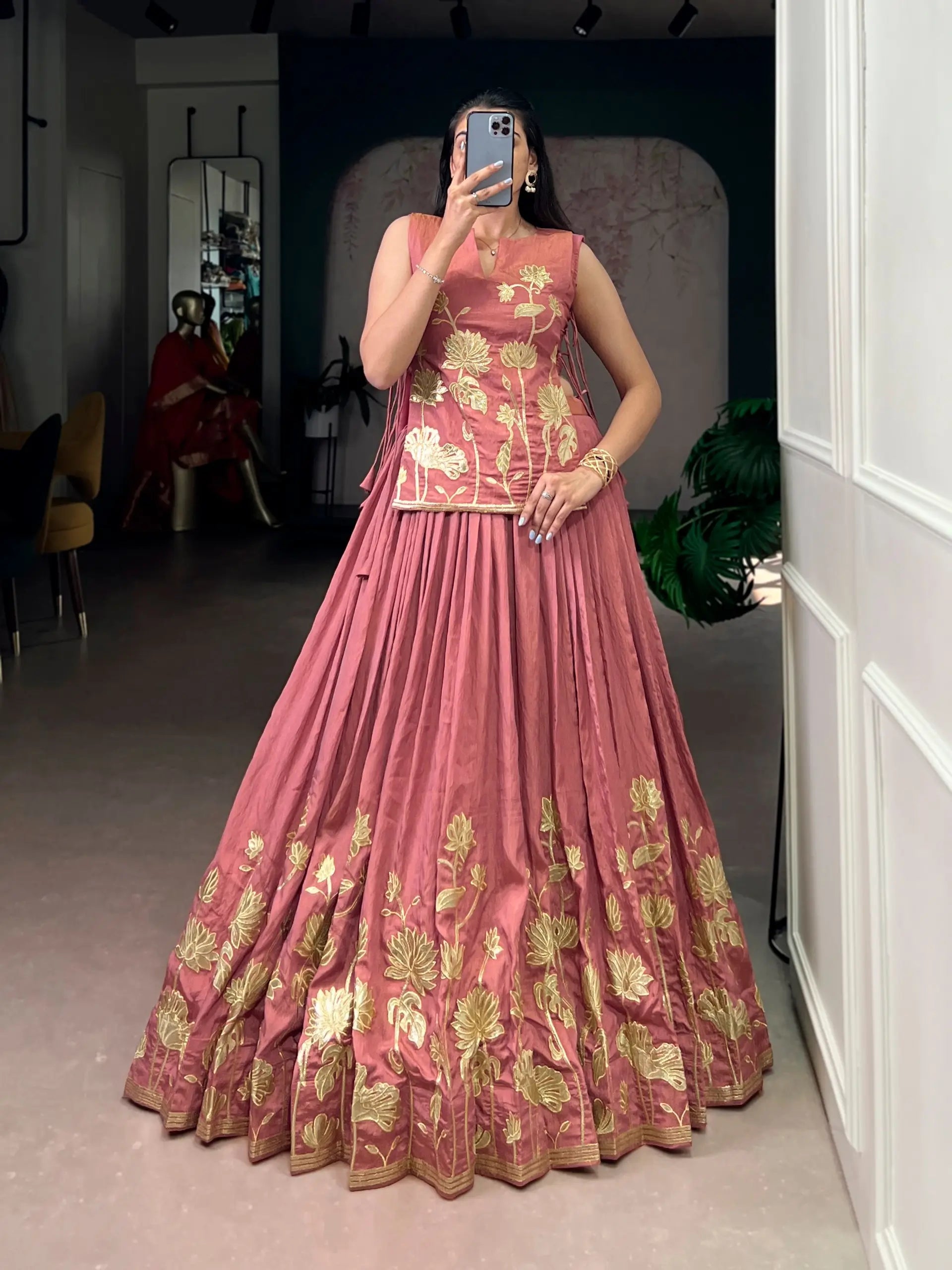 Pure Shimmer Embroidered Lehenga Set with Overlay Top – Wedding & Festive Wear