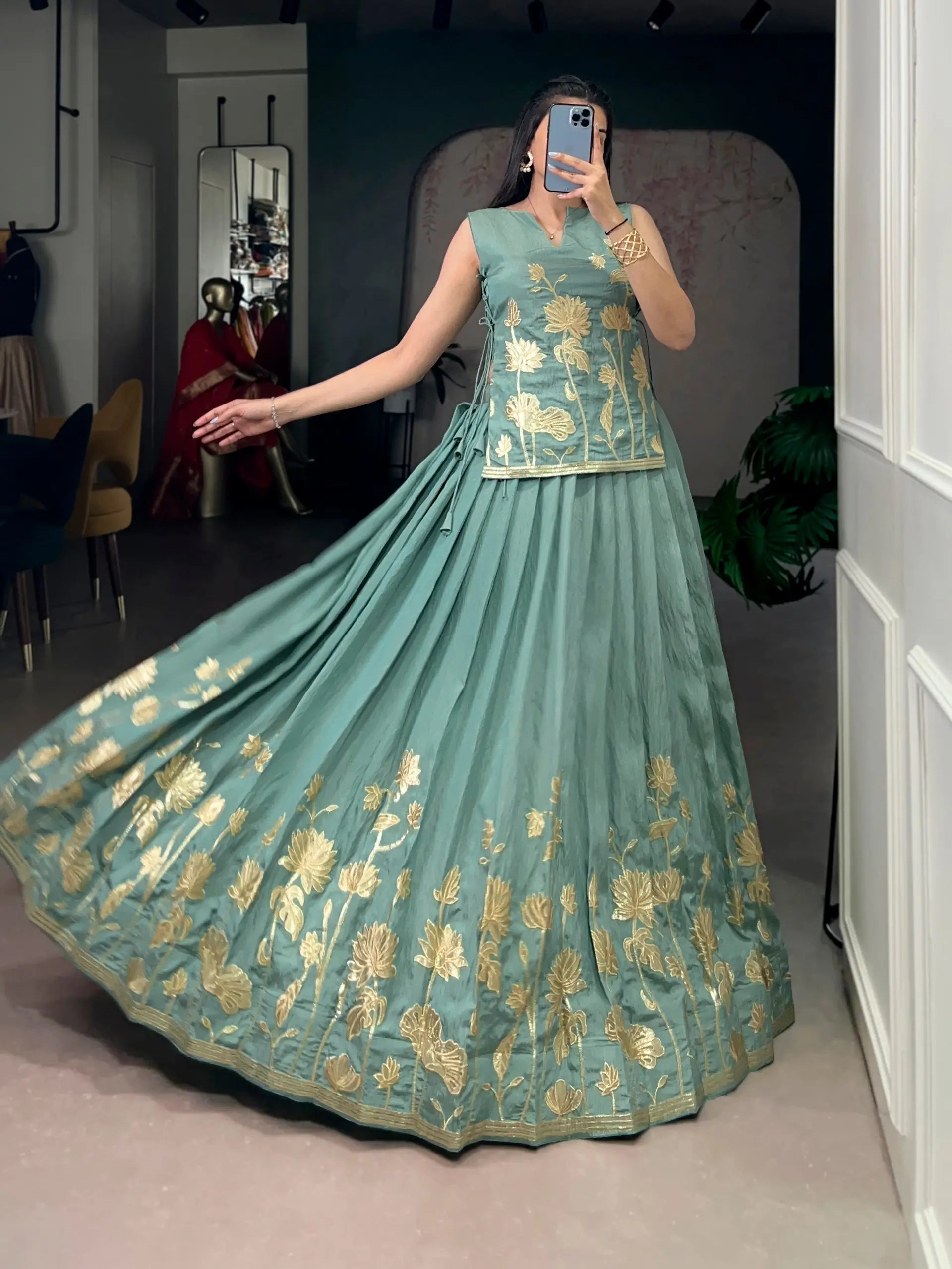 Pure Shimmer Embroidered Lehenga Set with Overlay Top – Wedding & Festive Wear