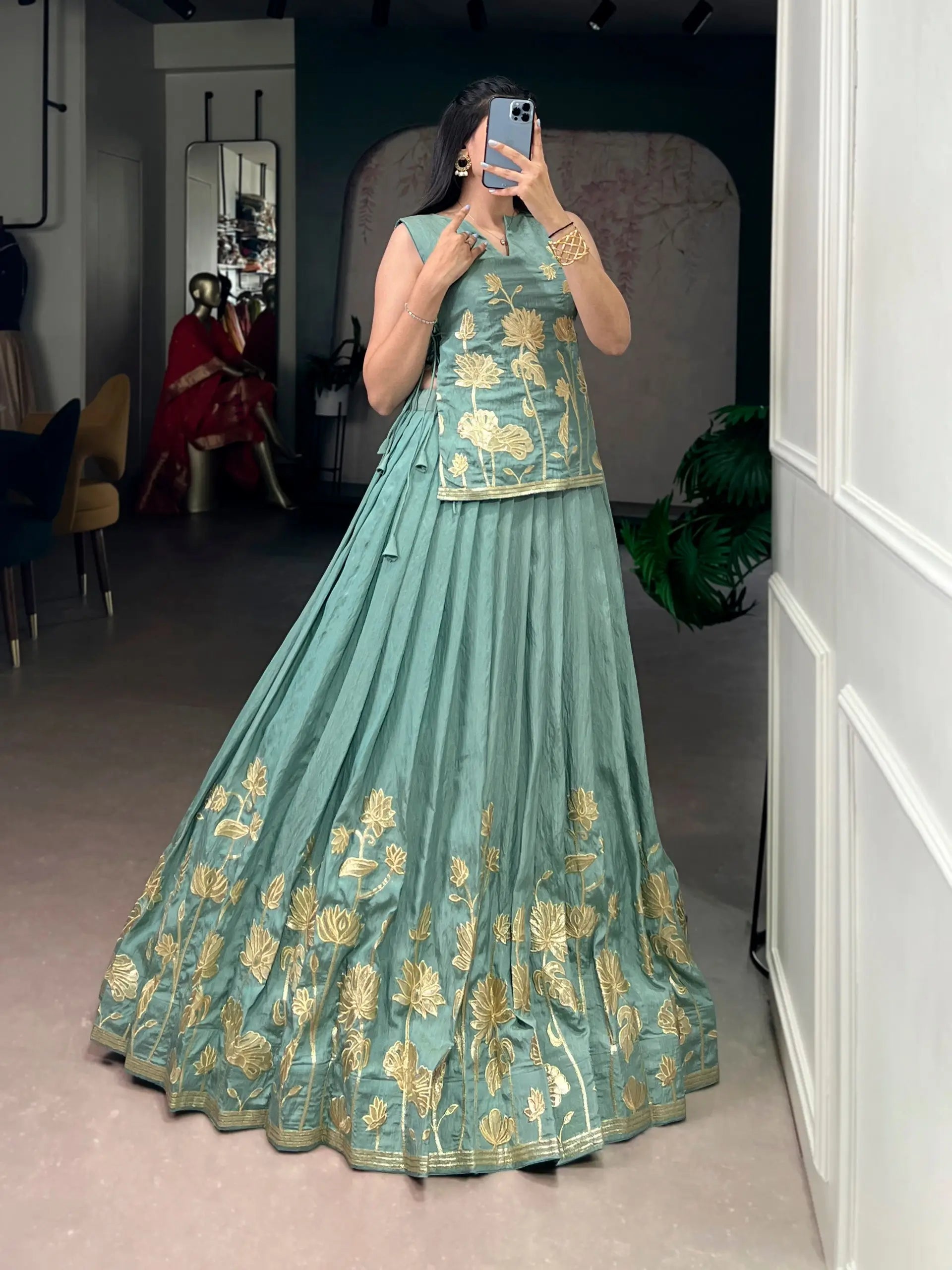 Pure Shimmer Embroidered Lehenga Set with Overlay Top – Wedding & Festive Wear