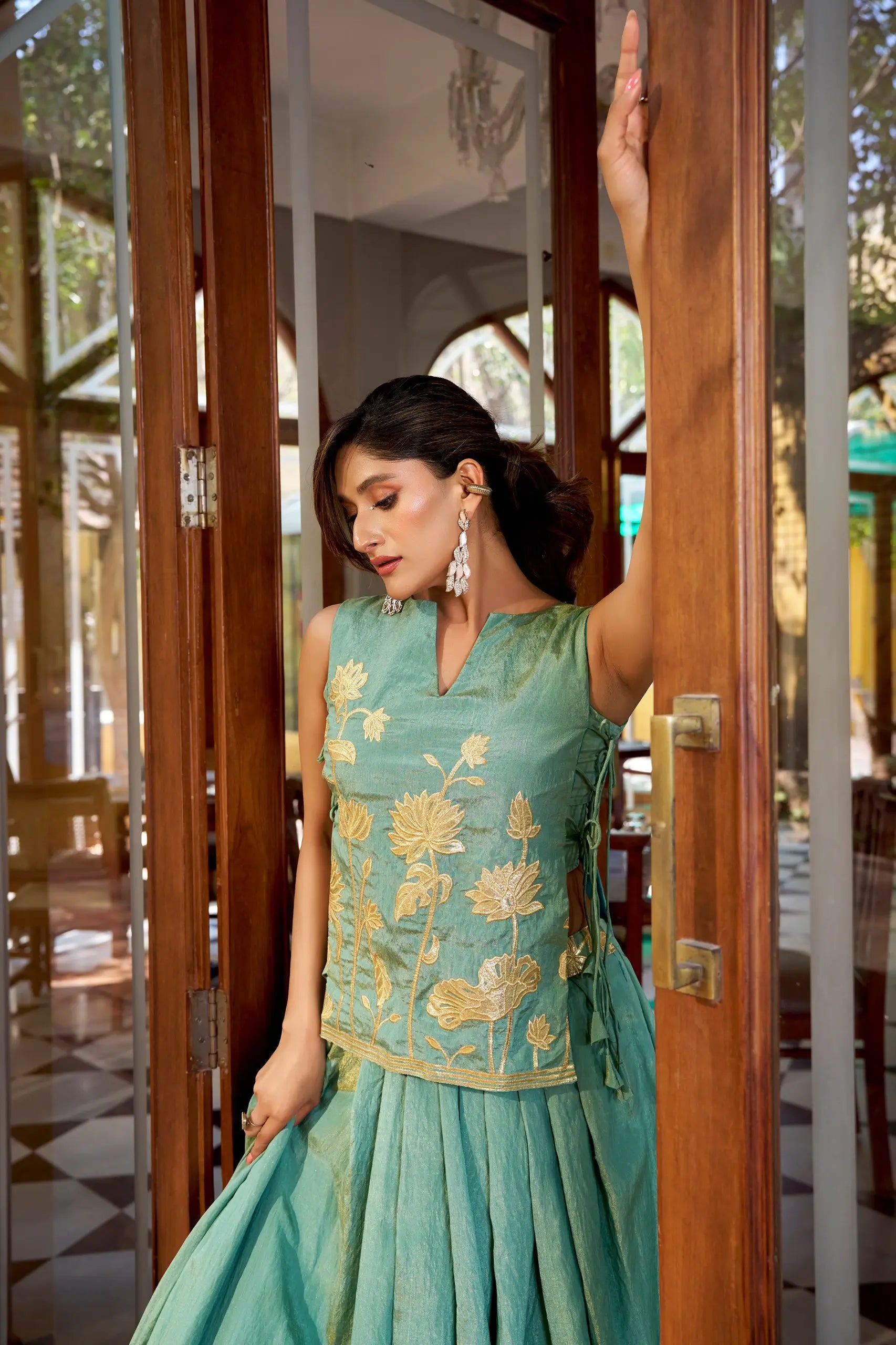 Pure Shimmer Embroidered Lehenga Set with Overlay Top – Wedding & Festive Wear