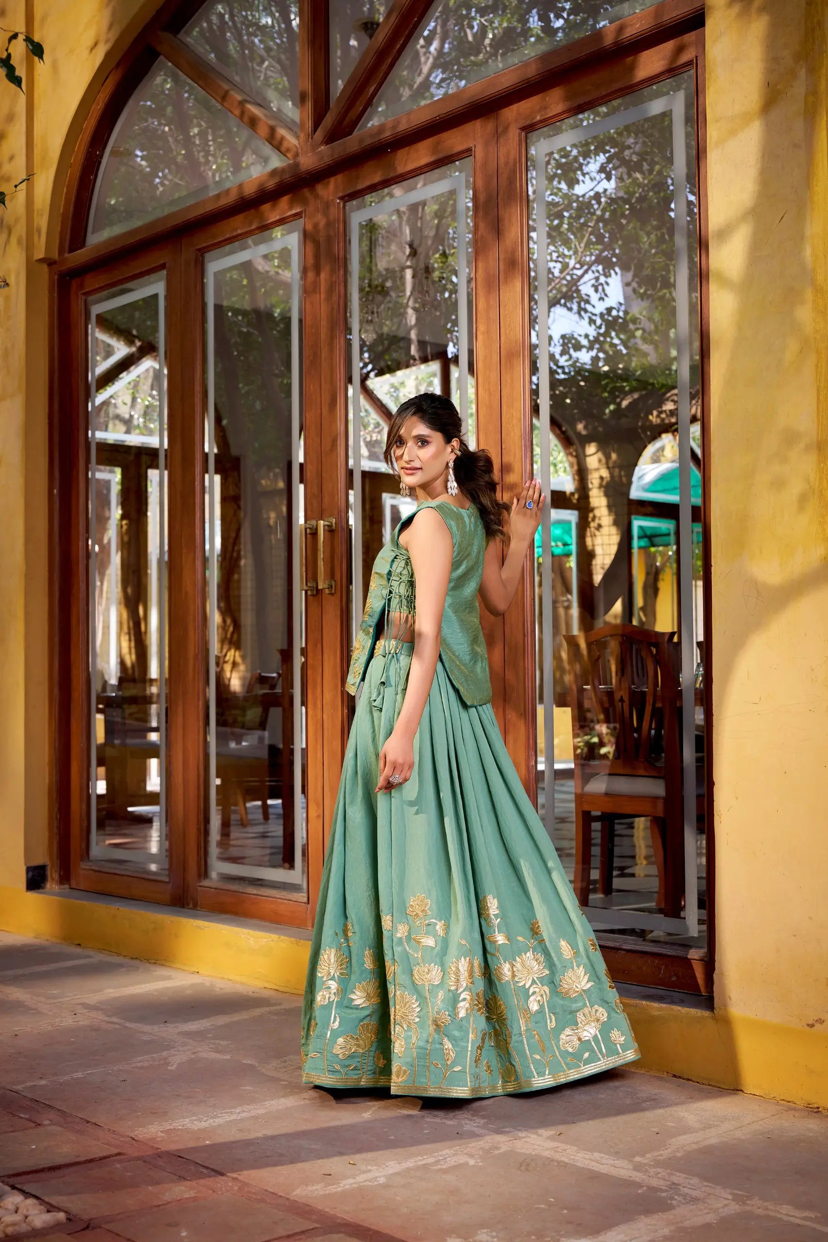 Pure Shimmer Embroidered Lehenga Set with Overlay Top – Wedding & Festive Wear