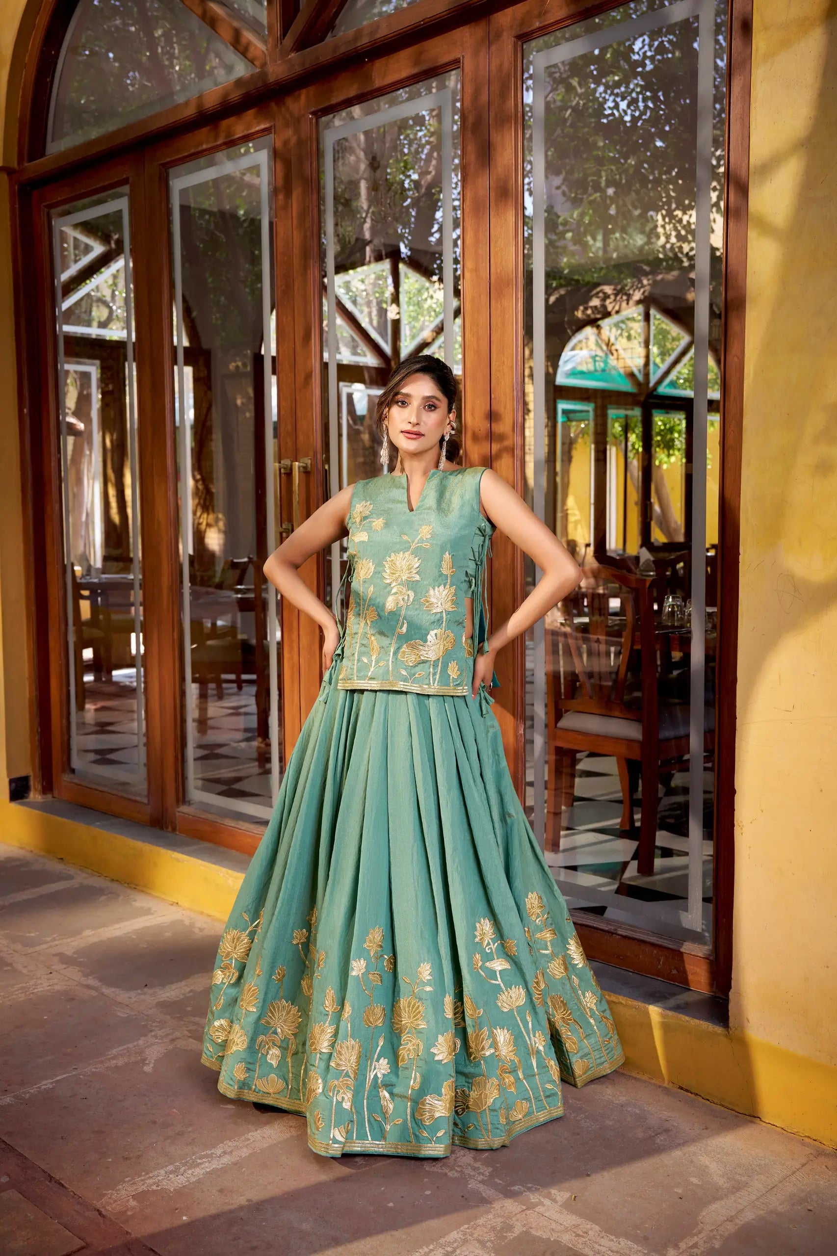 Pure Shimmer Embroidered Lehenga Set with Overlay Top – Wedding & Festive Wear