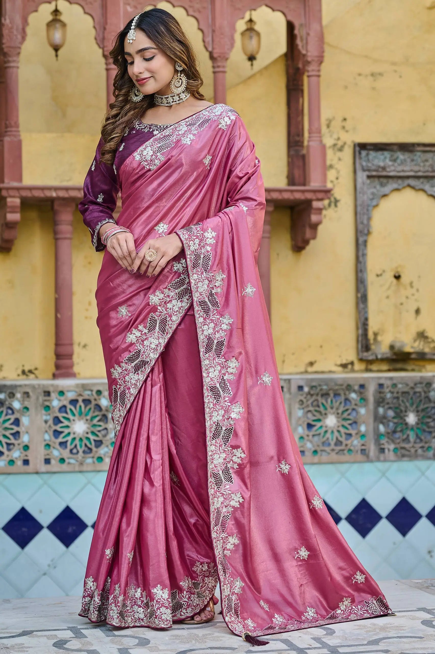 Pure Silk Embroidered Saree with Mono Silk Blouse