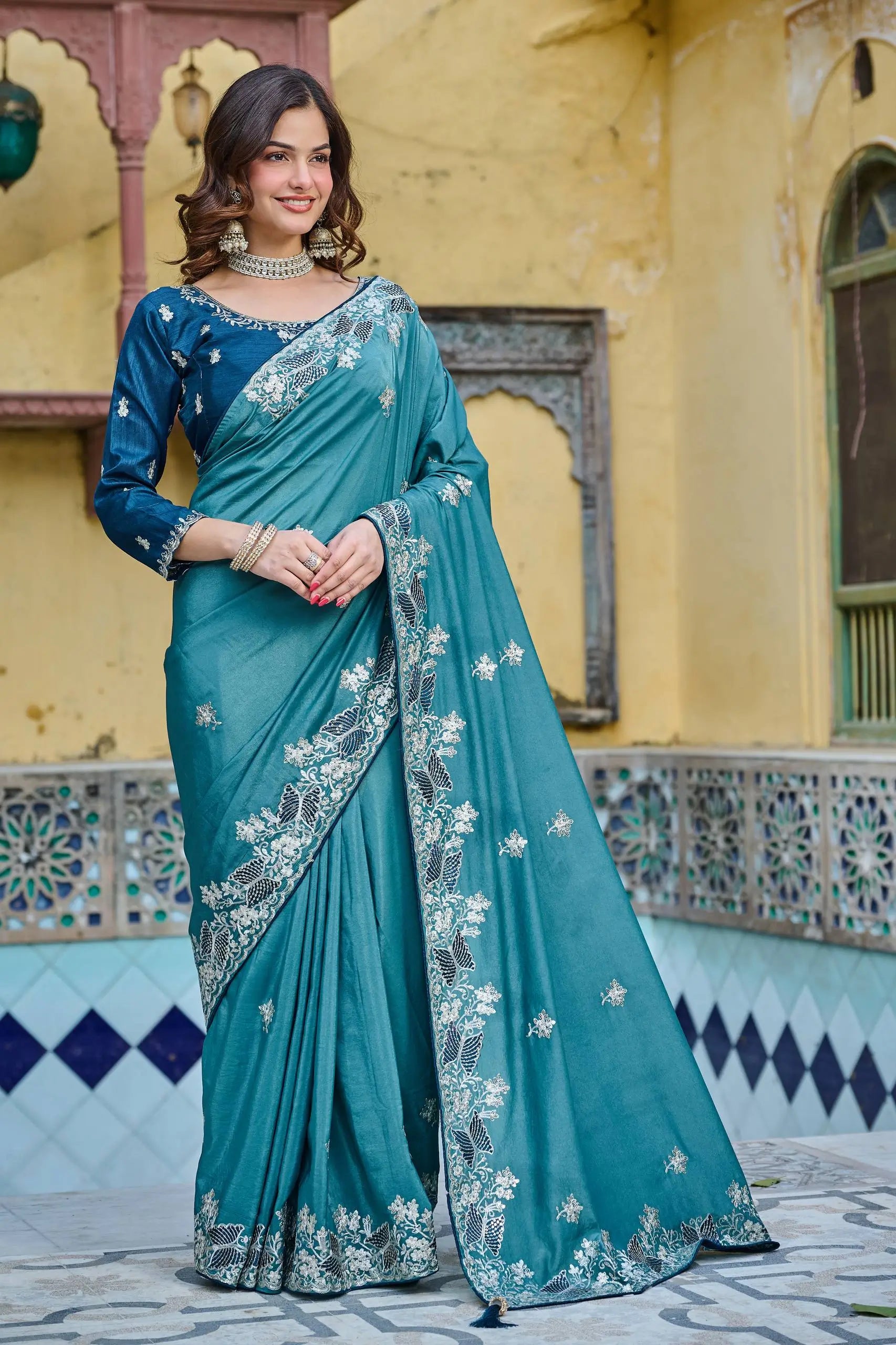 Pure Silk Embroidered Saree with Mono Silk Blouse
