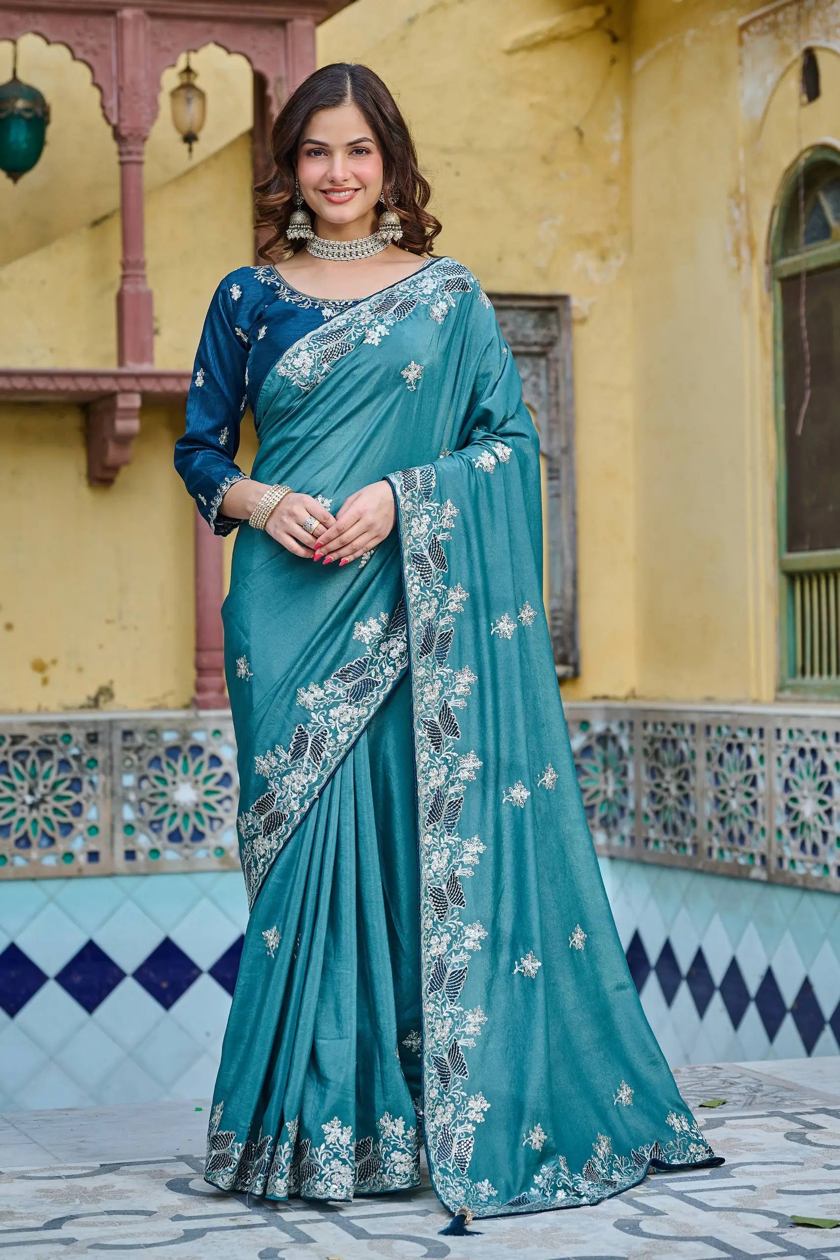 Pure Silk Embroidered Saree with Mono Silk Blouse