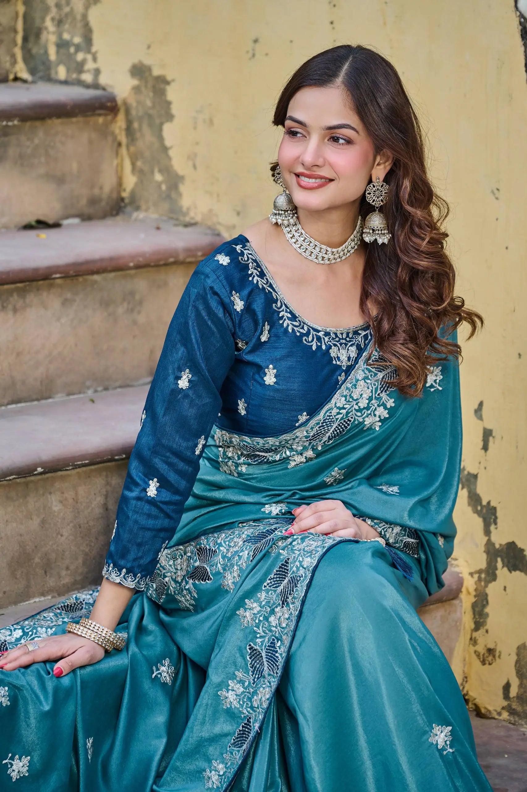 Pure Silk Embroidered Saree with Mono Silk Blouse