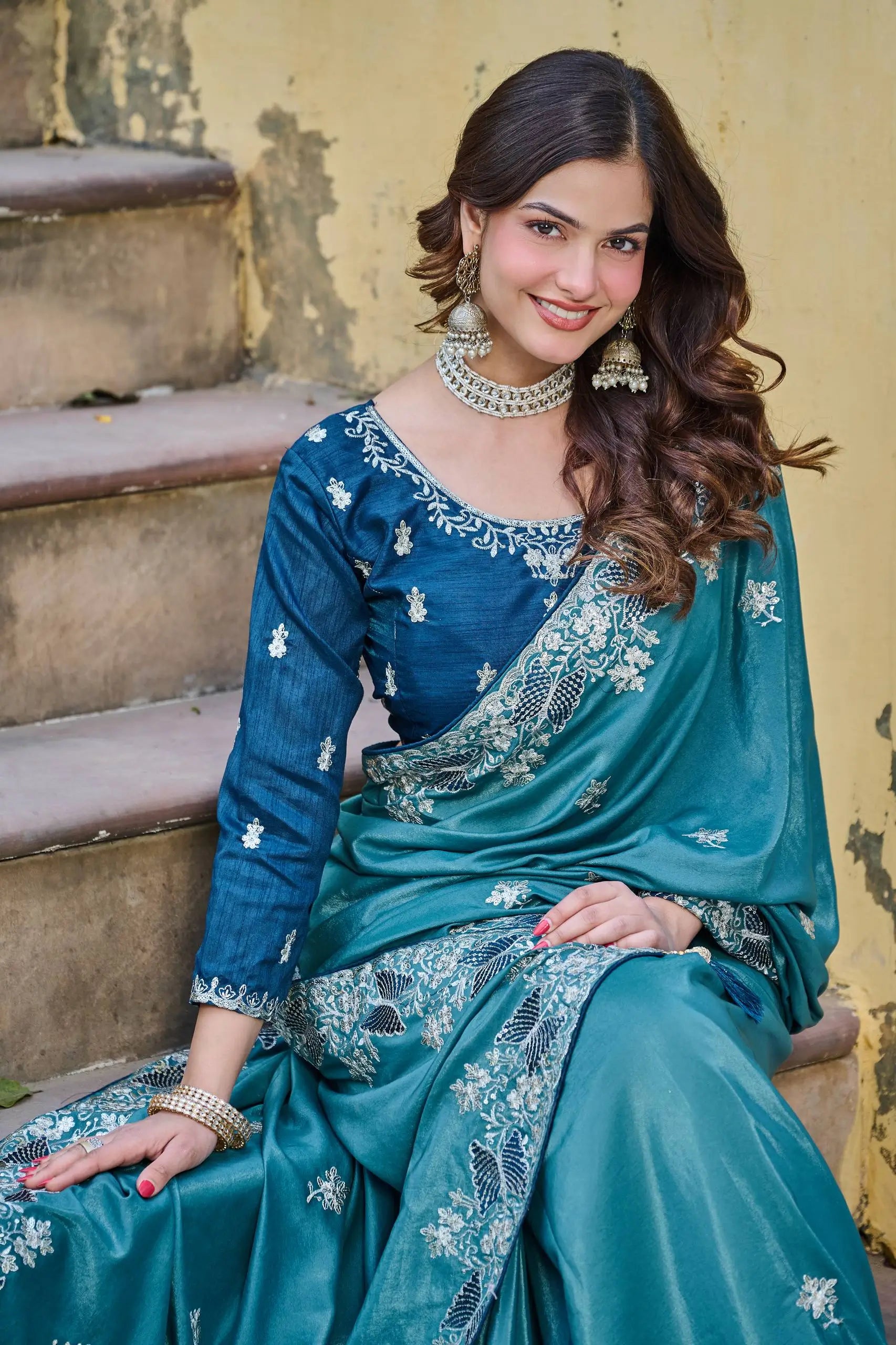 Pure Silk Embroidered Saree with Mono Silk Blouse