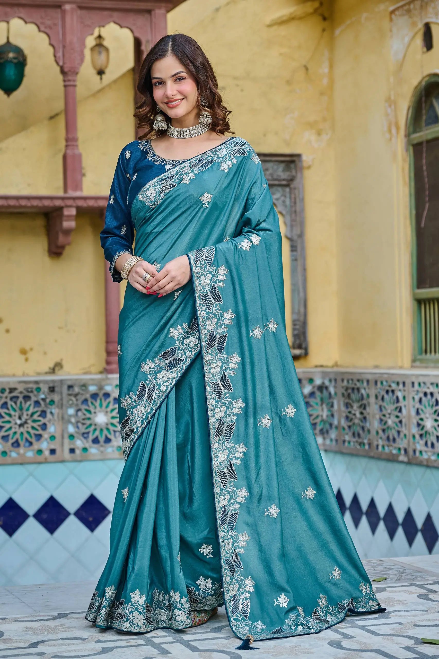 Pure Silk Embroidered Saree with Mono Silk Blouse