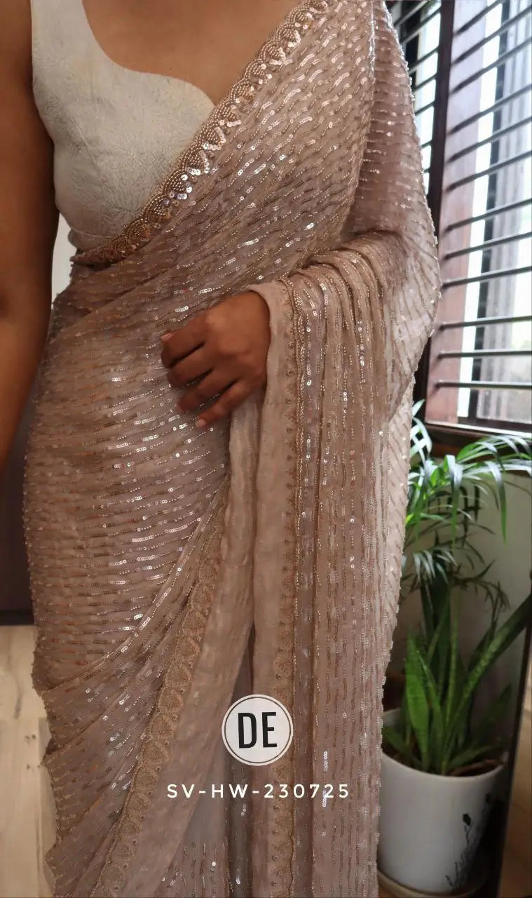 Pure Space Silk Gold Beads Work Saree