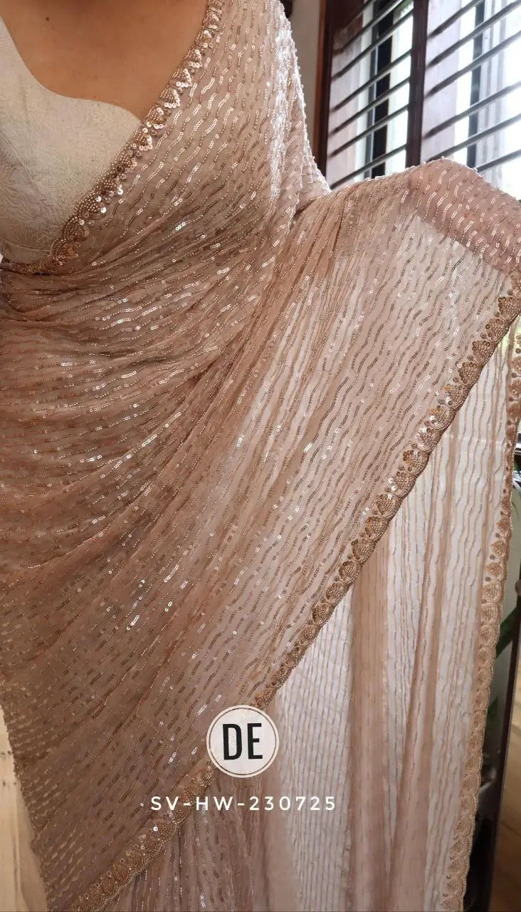 Pure Space Silk Gold Beads Work Saree