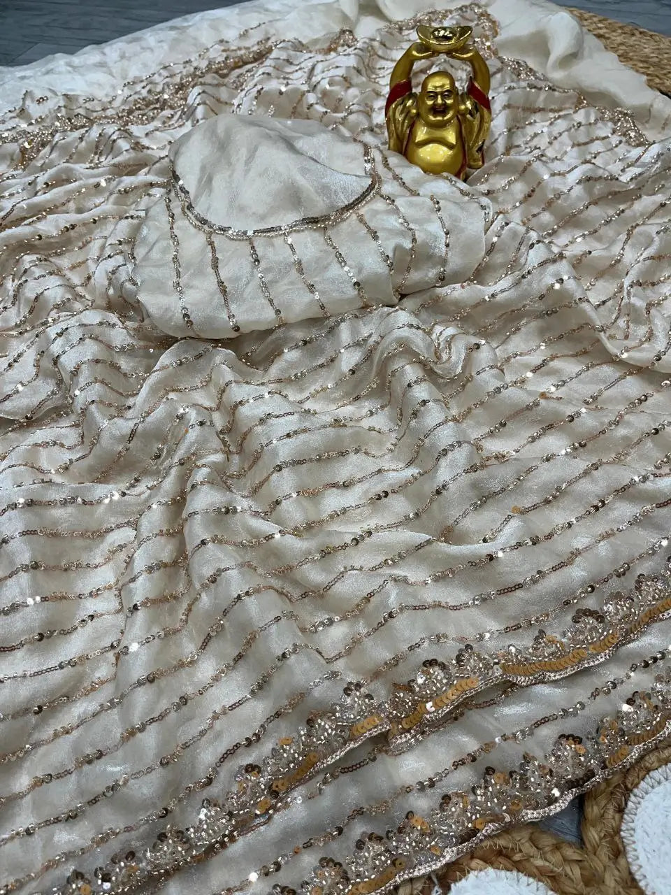 Pure Space Silk Gold Beads Work Saree