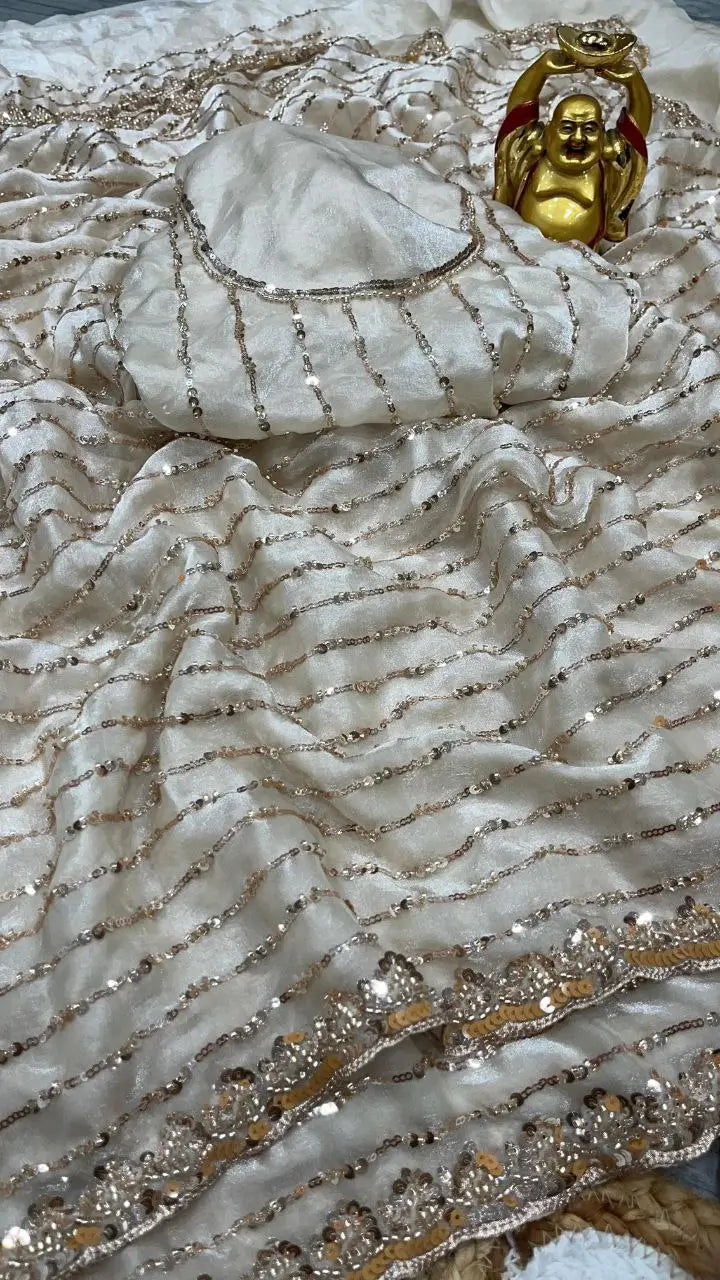 Pure Space Silk Gold Beads Work Saree