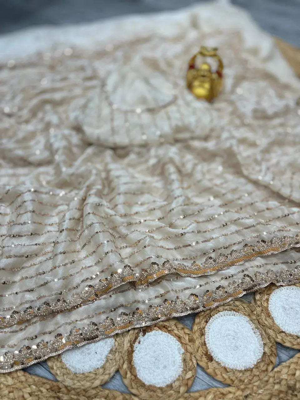 Pure Space Silk Gold Beads Work Saree