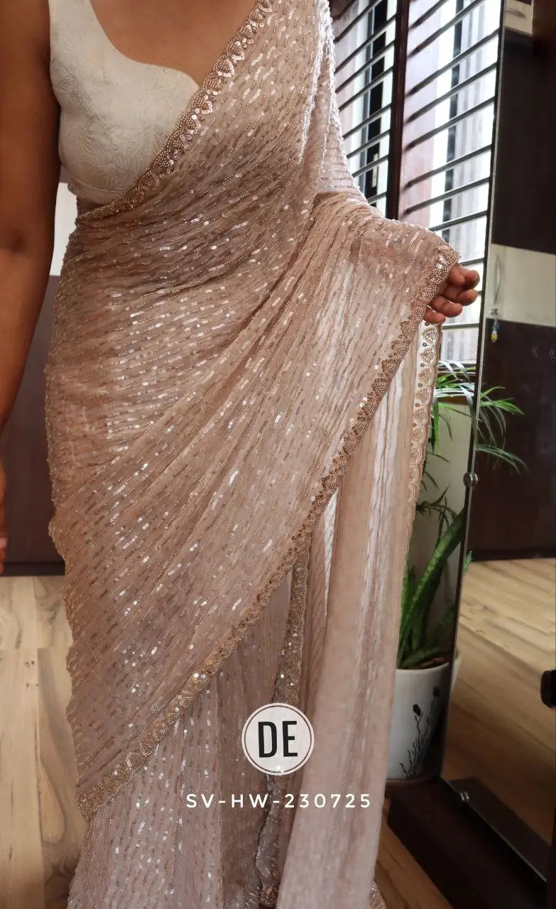 Pure Space Silk Gold Beads Work Saree