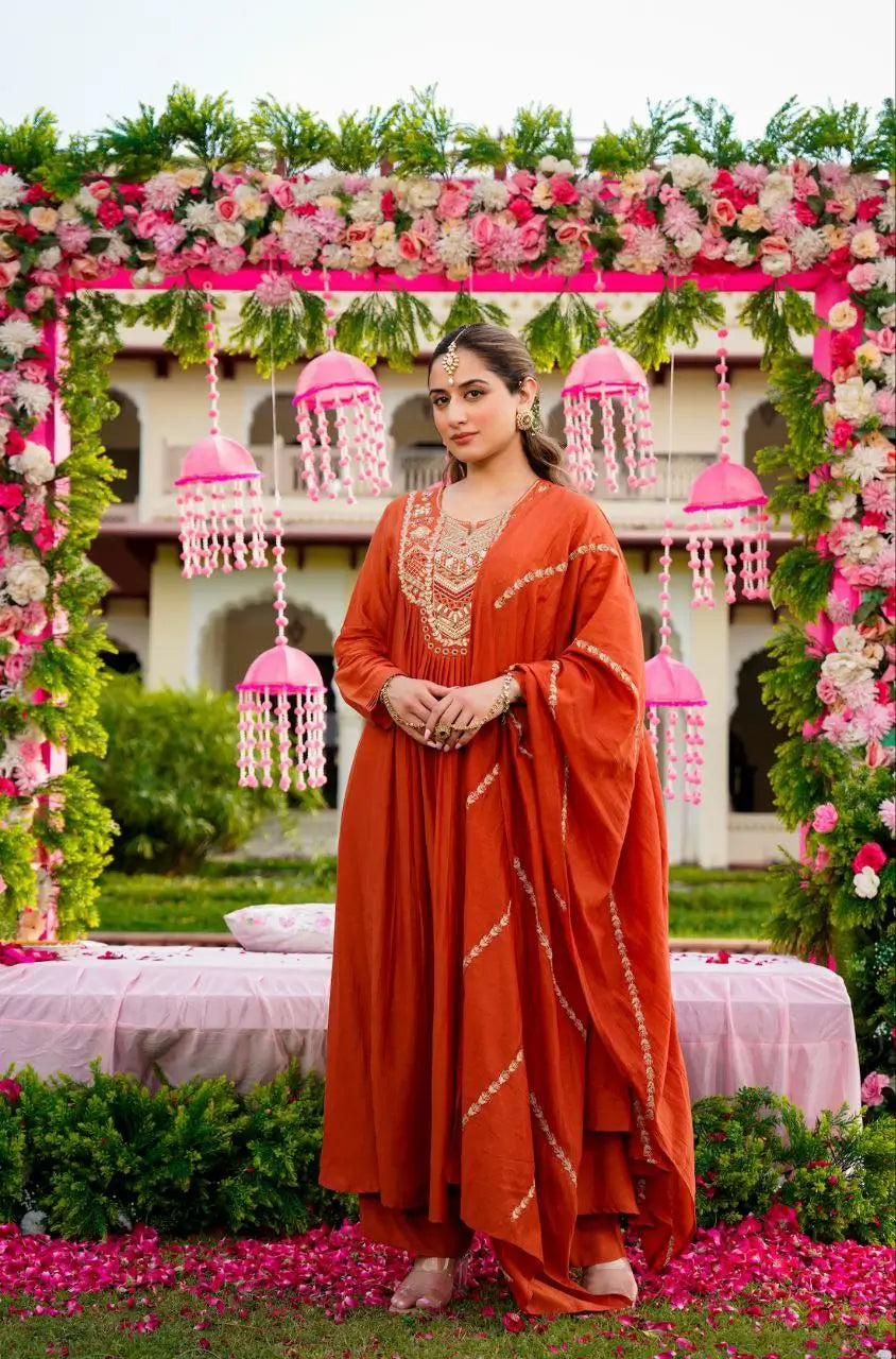 Pure Vichitra Silk Embroidered Kurta Set with Dupatta