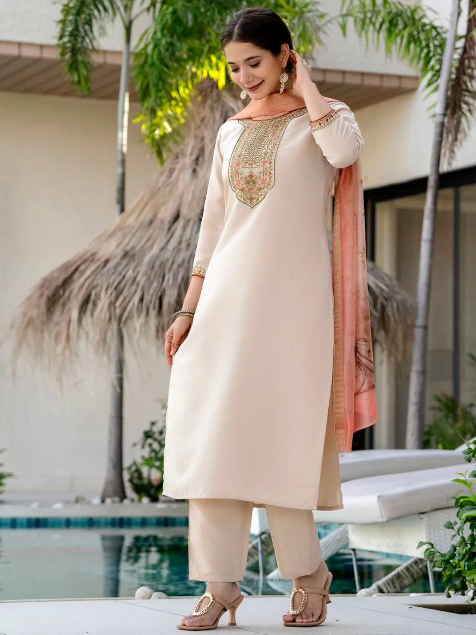 Pure Viscose Rayon Embroidered Kurta Set with Organza Dupatta