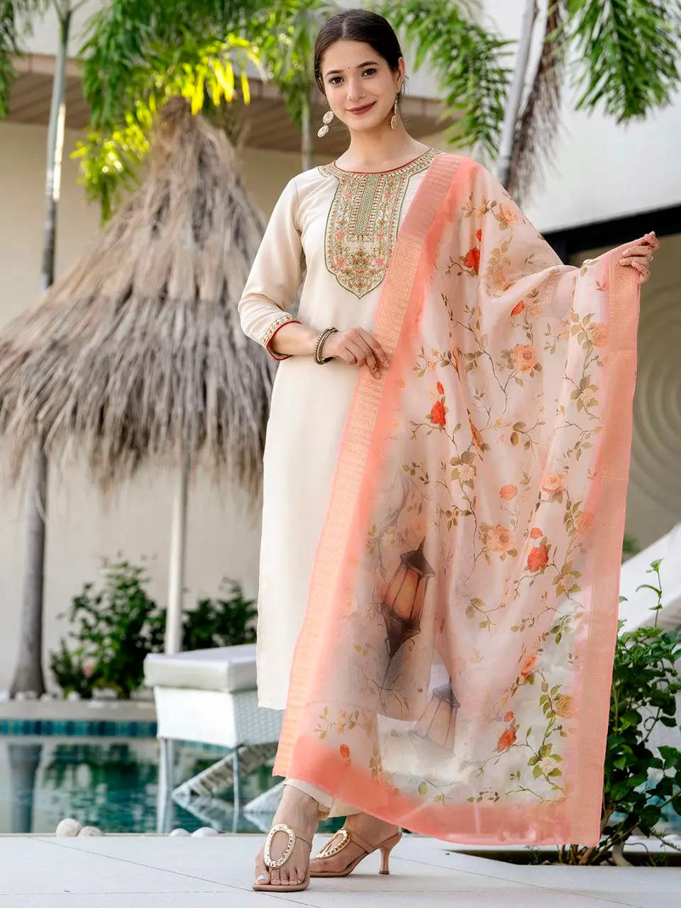 Pure Viscose Rayon Embroidered Kurta Set with Organza Dupatta