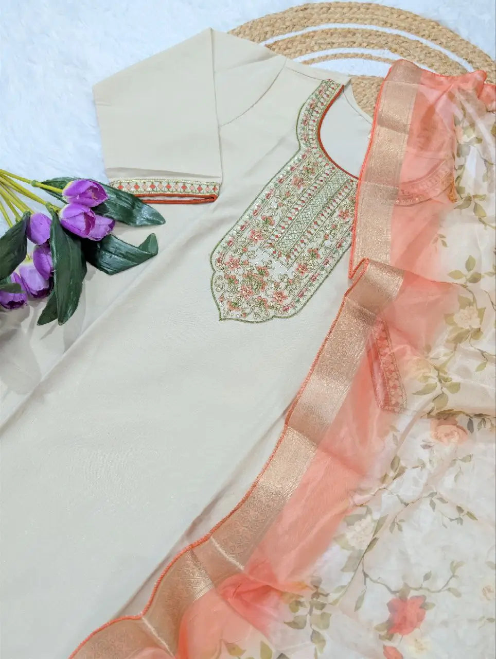 Pure Viscose Rayon Embroidered Kurta Set with Organza Dupatta