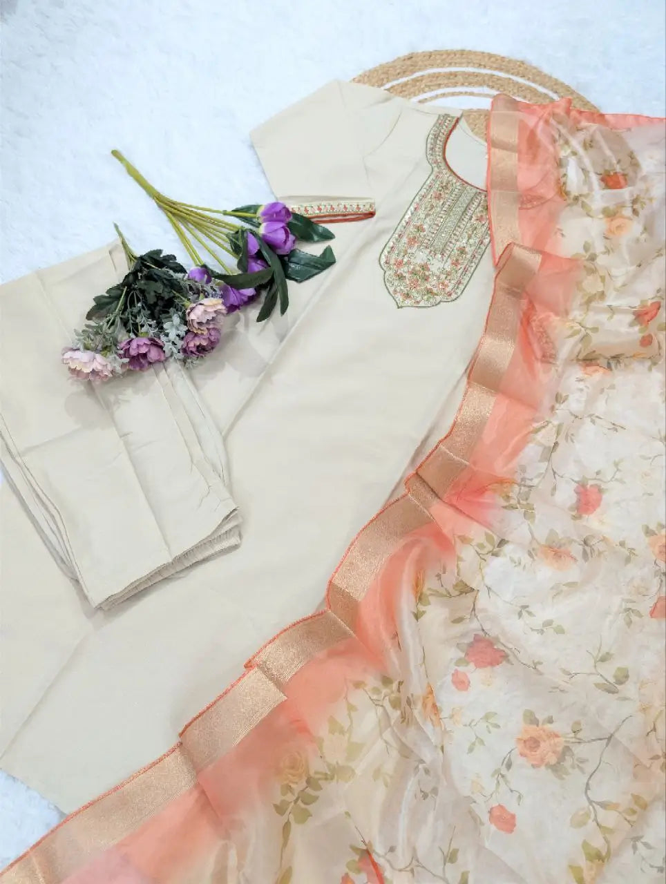 Pure Viscose Rayon Embroidered Kurta Set with Organza Dupatta