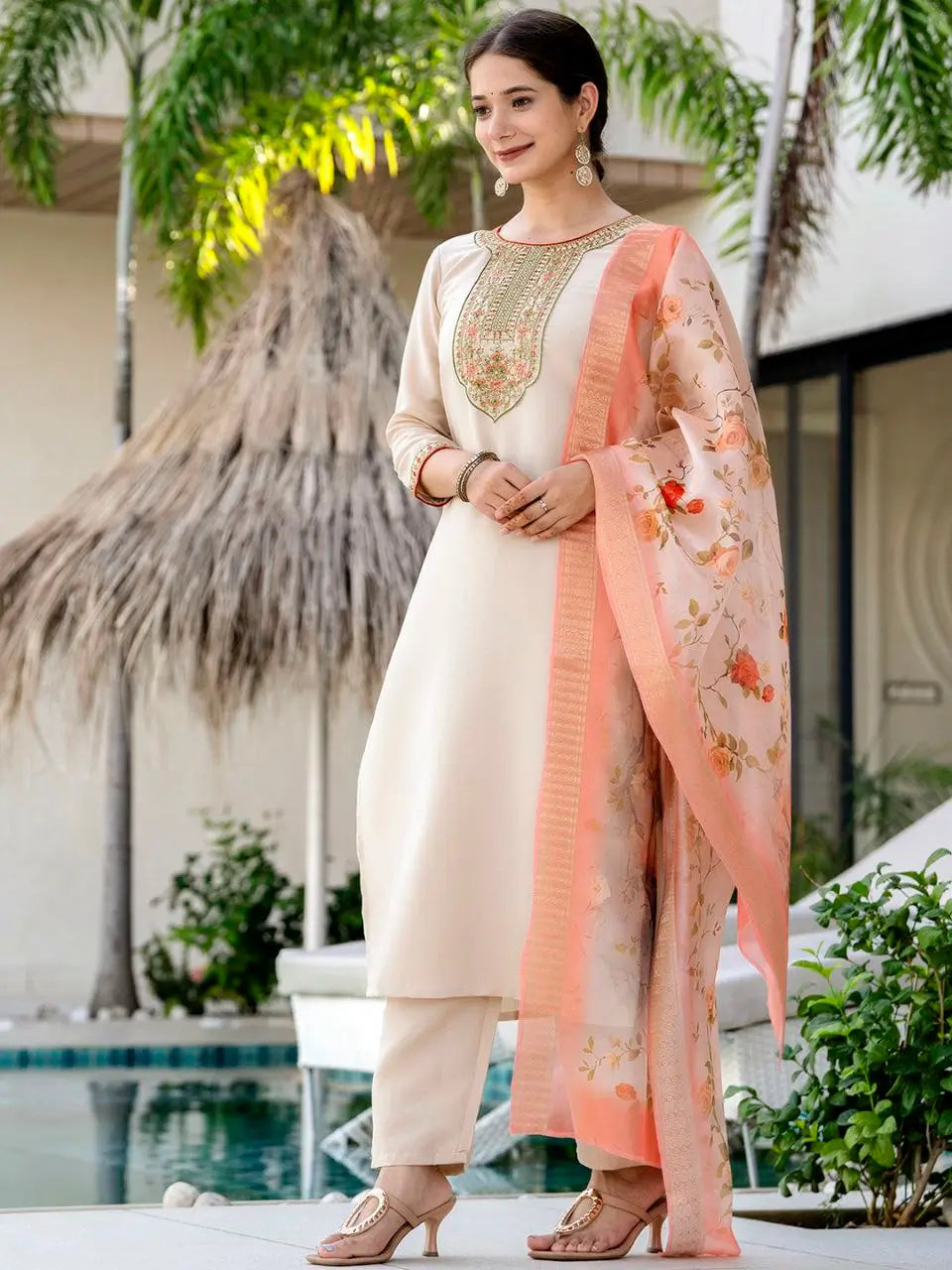 Pure Viscose Rayon Embroidered Kurta Set with Organza Dupatta