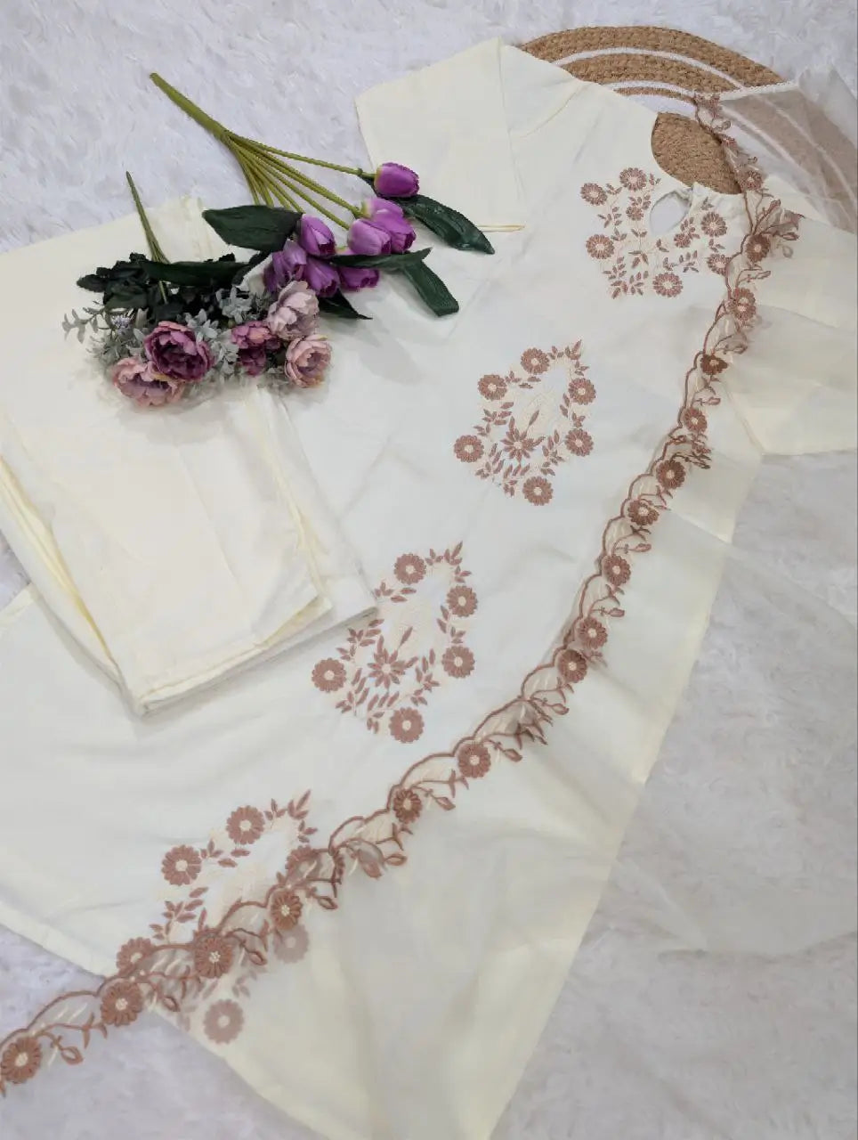 Pure Viscose Rayon Slub Embroidered Kurta Set with Organza Dupatta