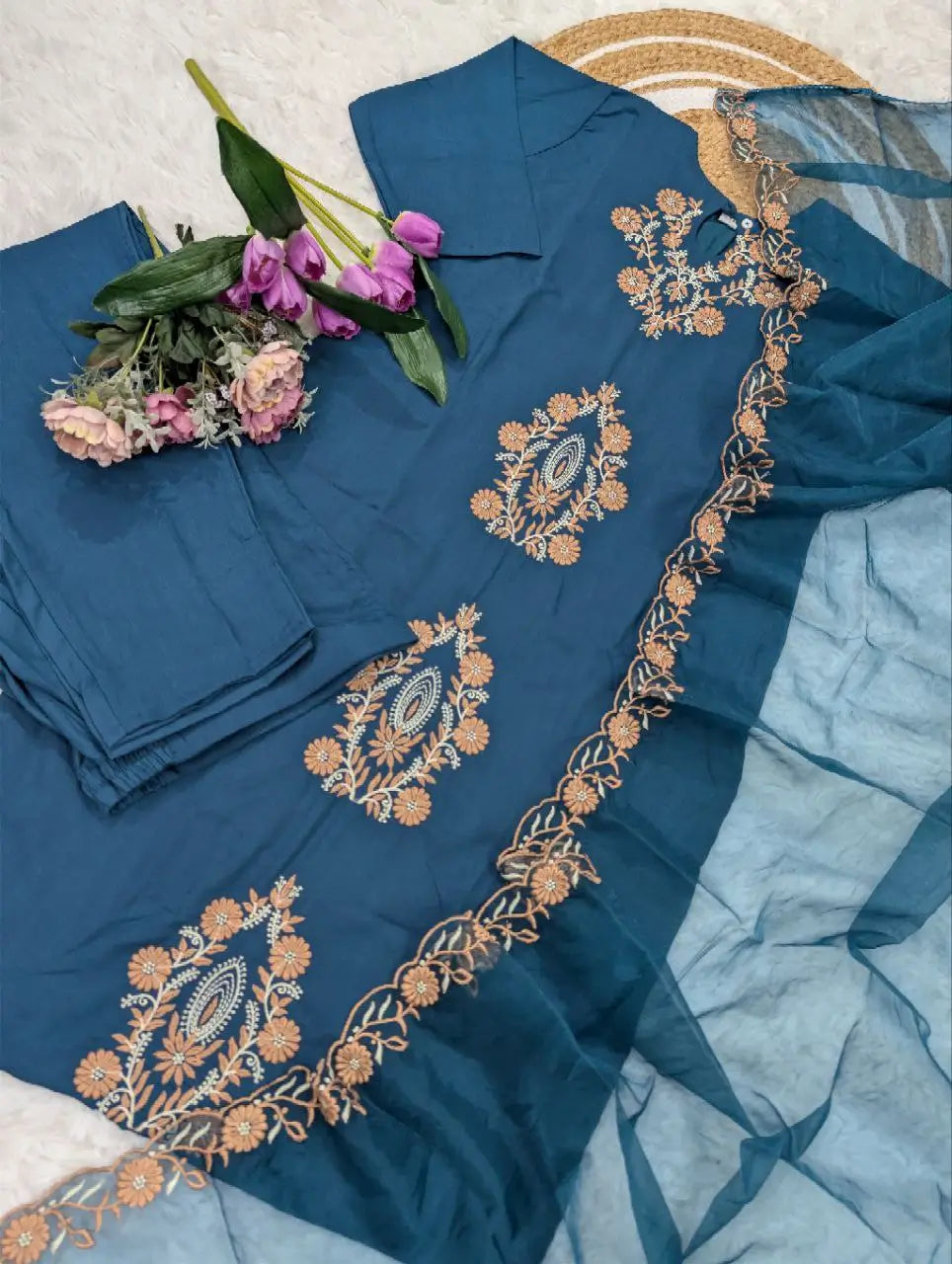 Pure Viscose Rayon Slub Embroidered Kurta Set with Organza Dupatta