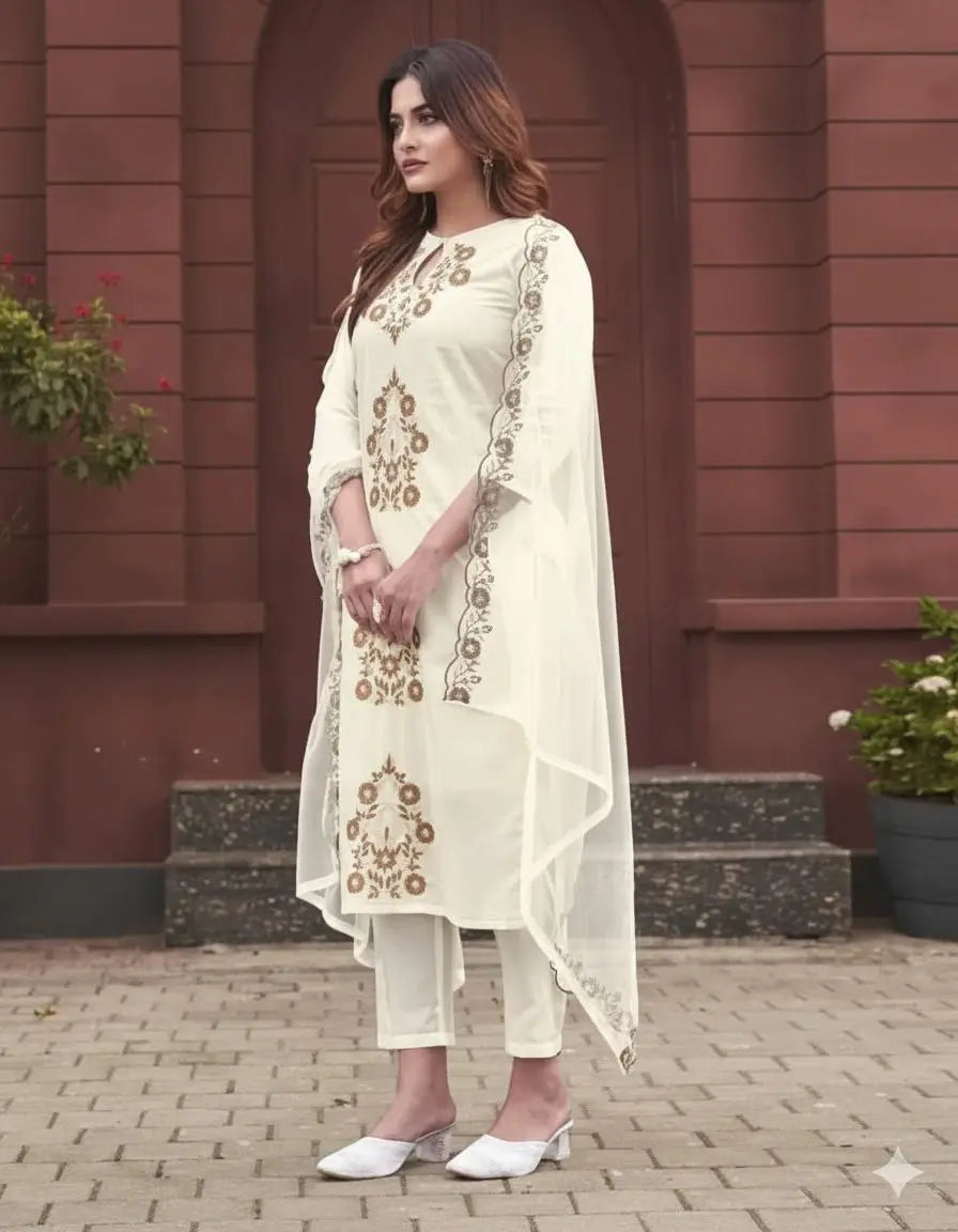 Pure Viscose Rayon Slub Embroidered Kurta Set with Organza Dupatta