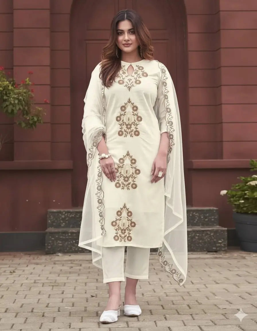 Pure Viscose Rayon Slub Embroidered Kurta Set with Organza Dupatta