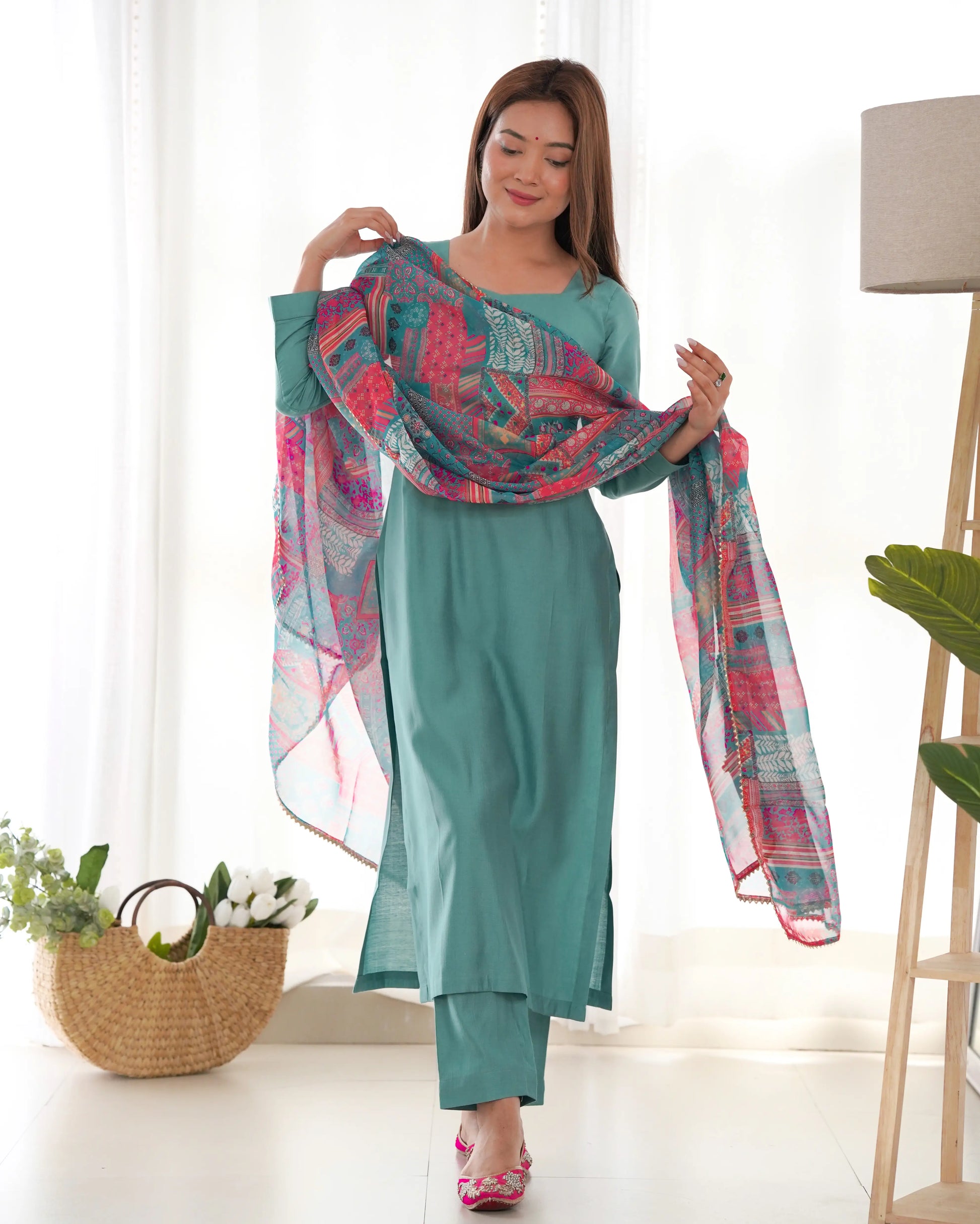 Pure Viscose Straight Kurta Set with Organza Printed Dupatta