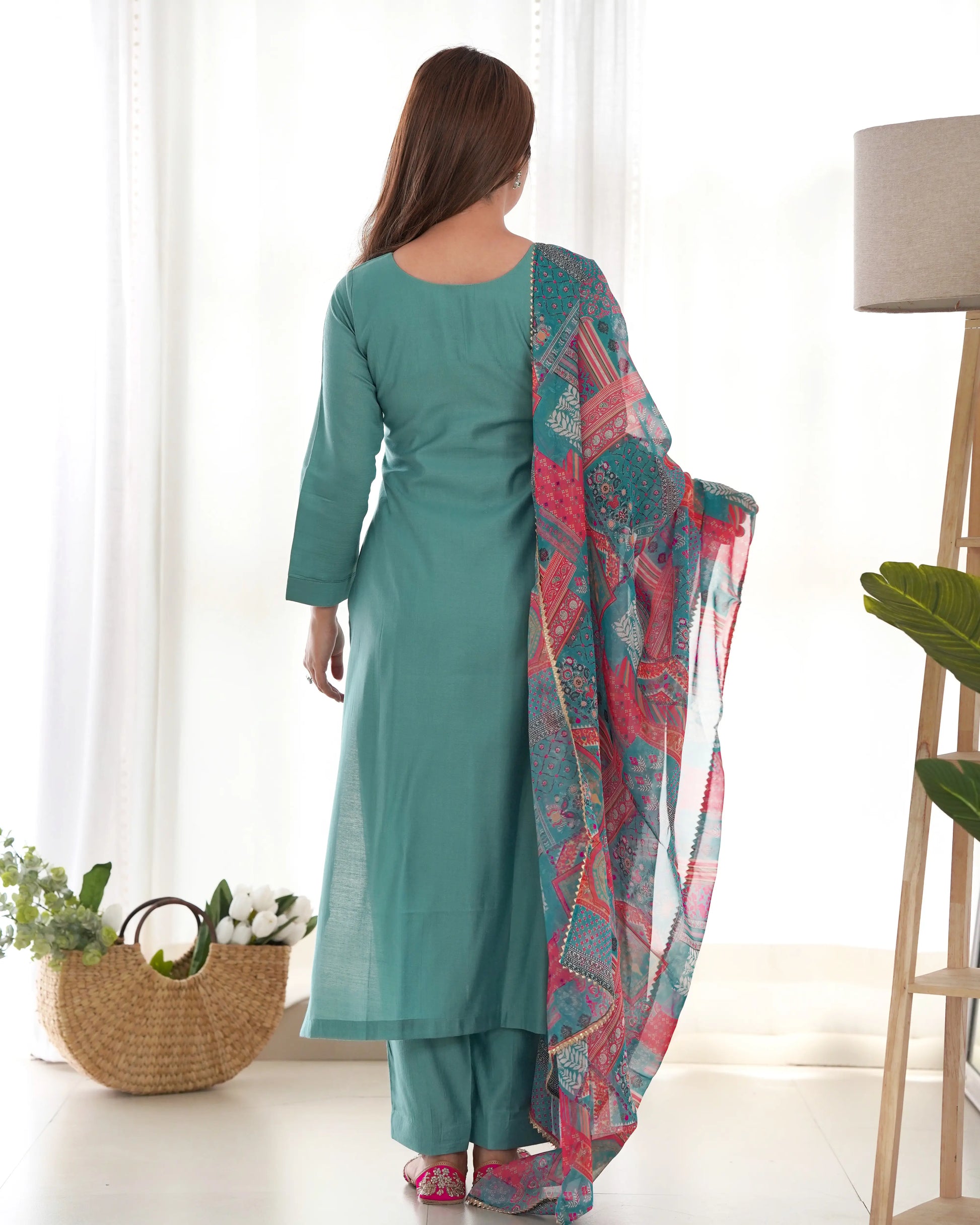 Pure Viscose Straight Kurta Set with Organza Printed Dupatta
