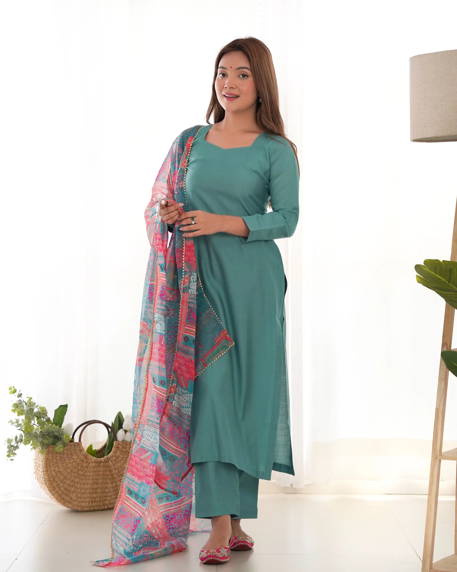 Pure Viscose Straight Kurta Set with Organza Printed Dupatta