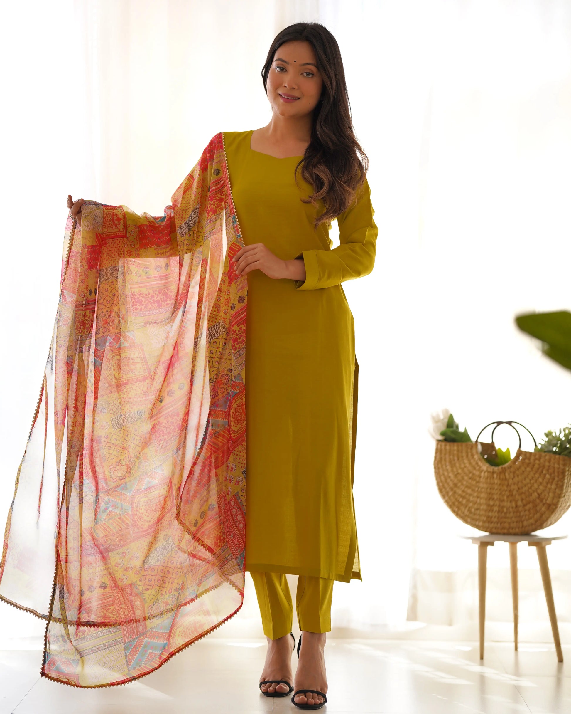 Pure Viscose Straight Kurta Set with Organza Printed Dupatta