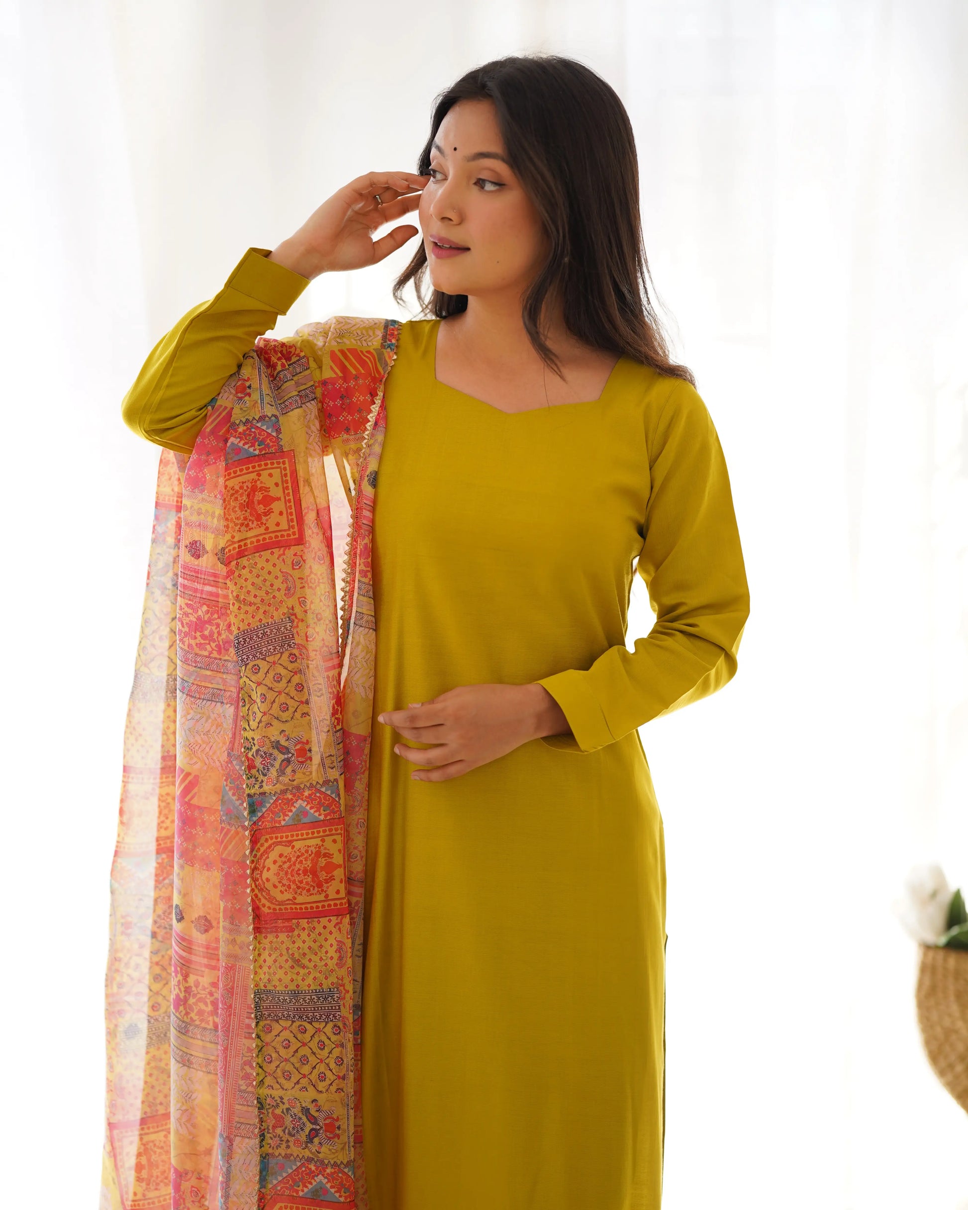 Pure Viscose Straight Kurta Set with Organza Printed Dupatta