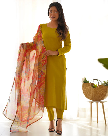 Pure Viscose Straight Kurta Set with Organza Printed Dupatta
