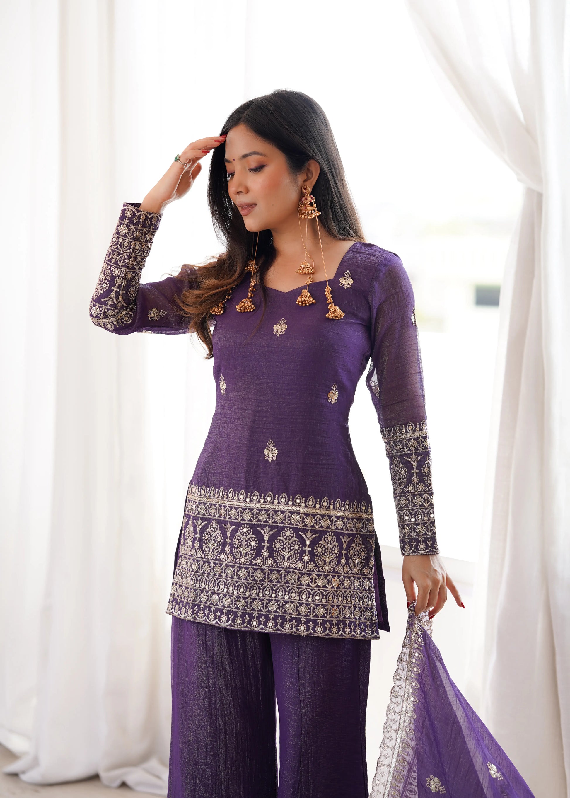 Purple Crinkle Silk Kurta Bell Bottom Set