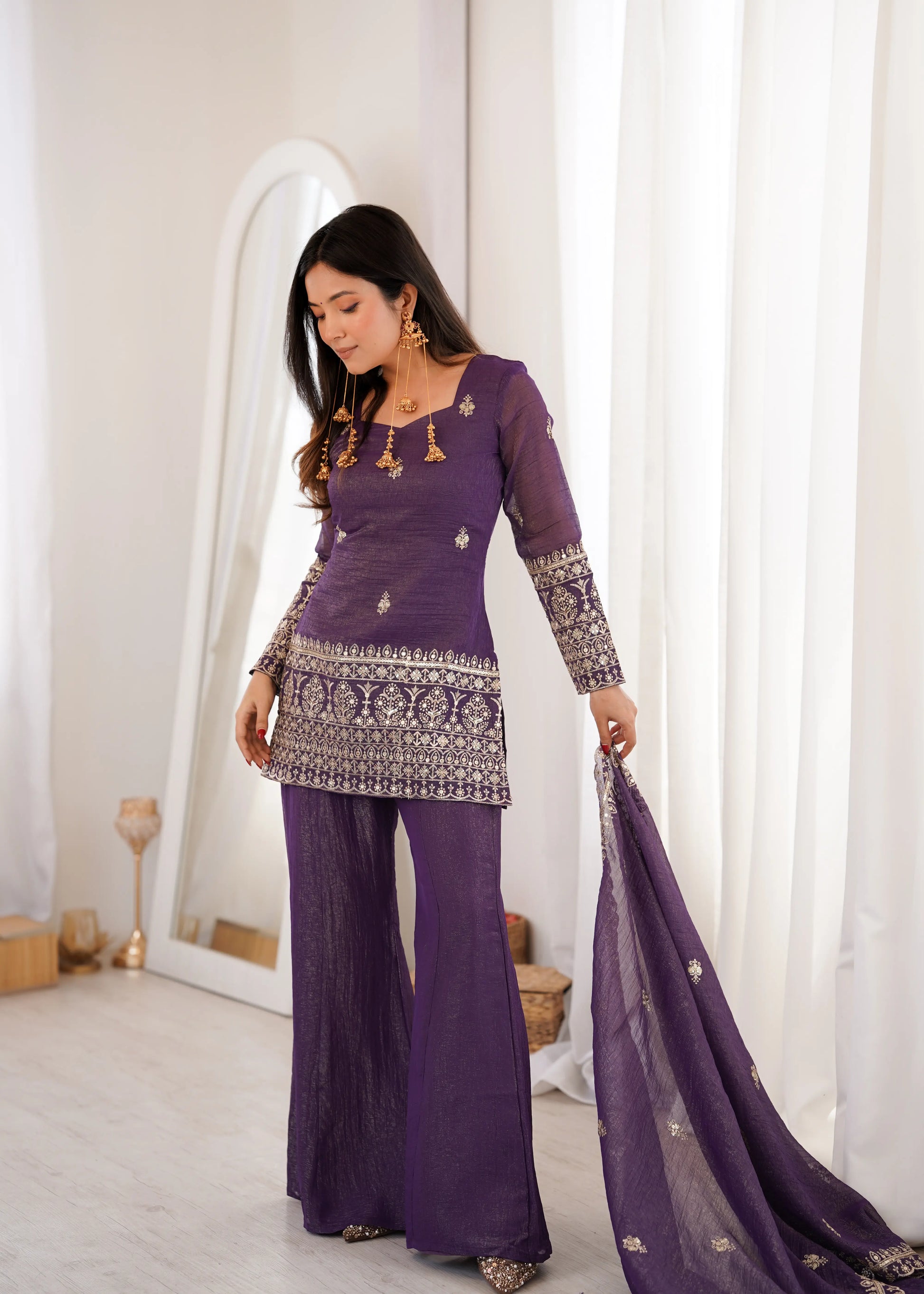 Purple Crinkle Silk Kurta Bell Bottom Set